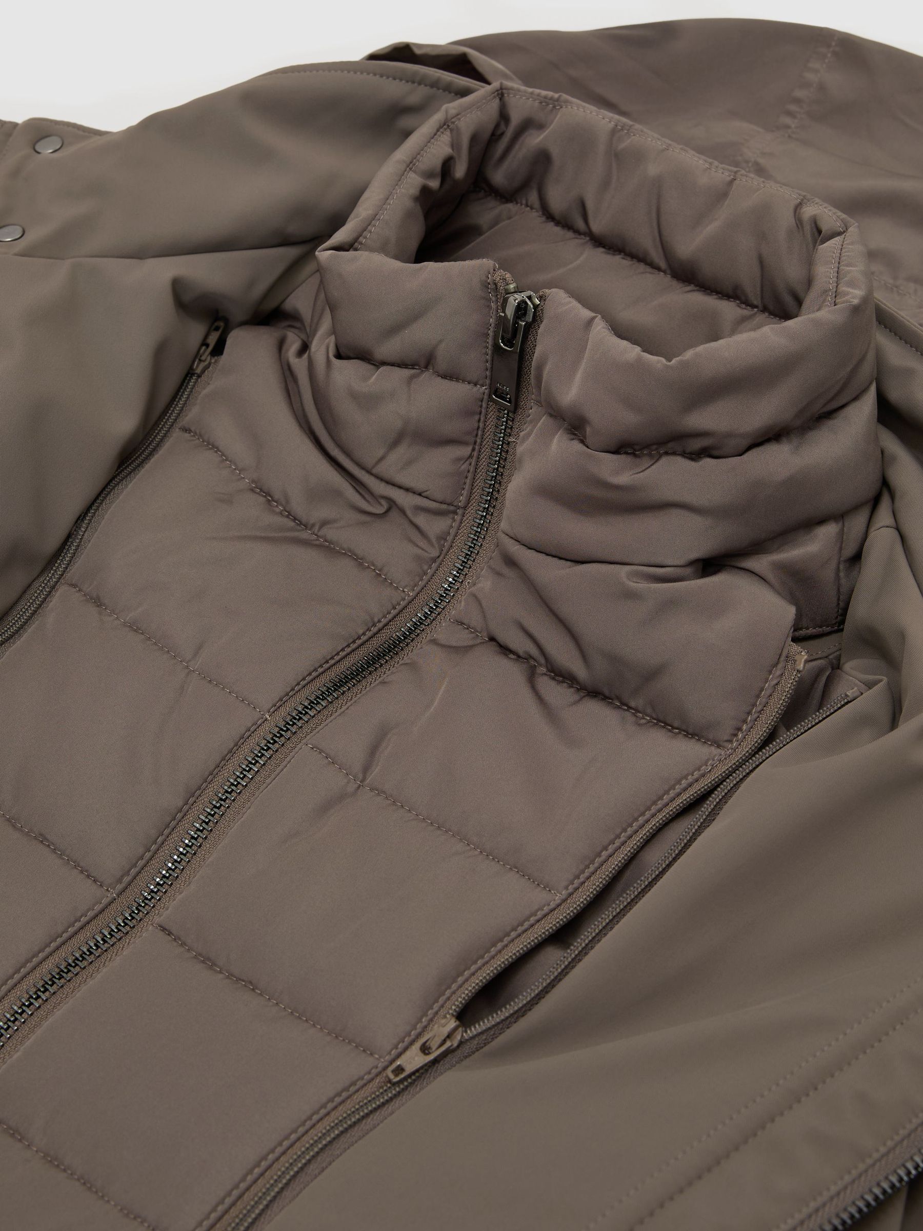 Four-Pocket Hooded Jacket with Removable Gilet in Mushroom Brown - Image 8 of 8