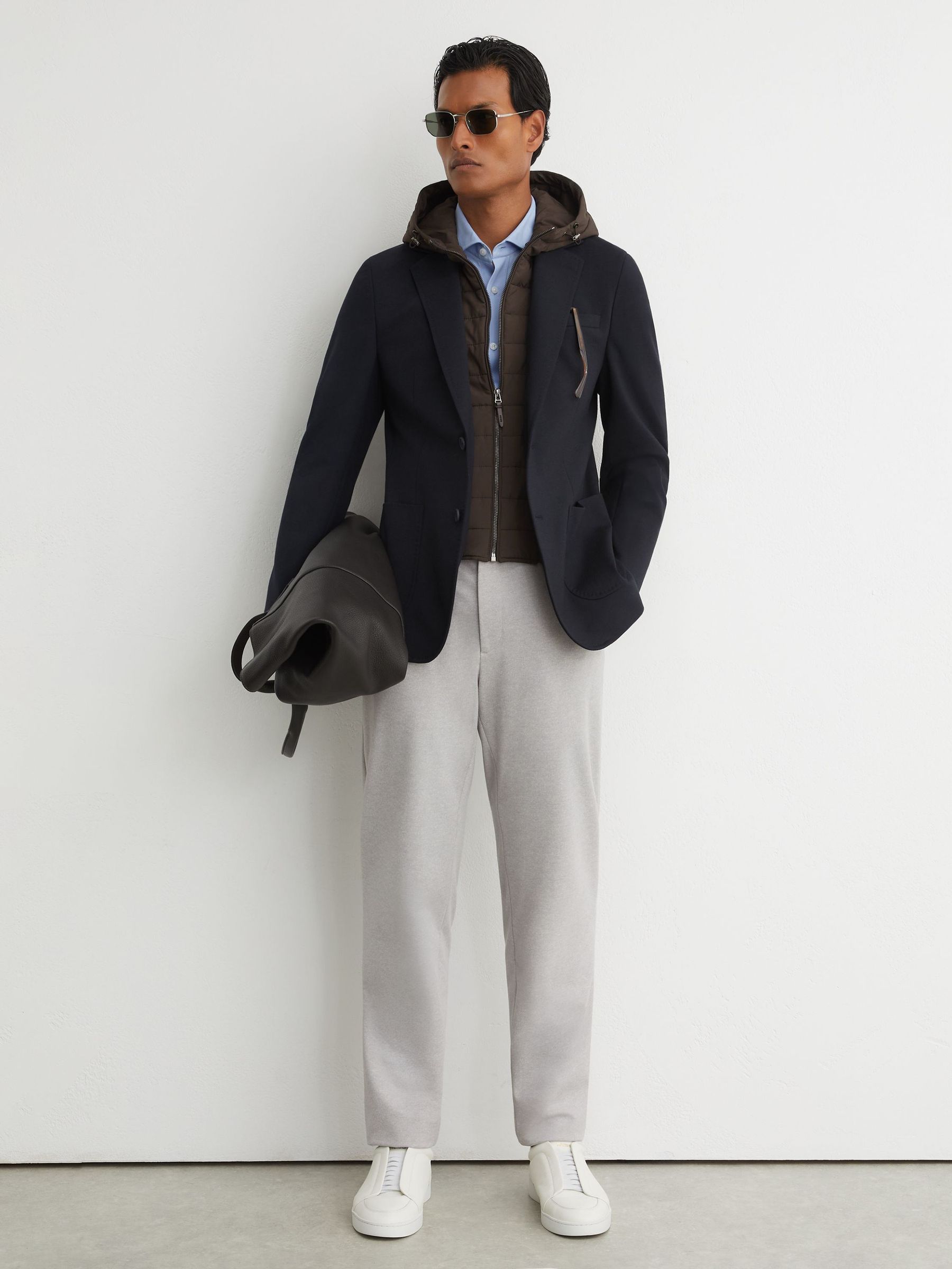 Tailored Fit R-Flex Gilet-Insert Single-Breasted Blazer in Navy/Brown - Image 4 of 11