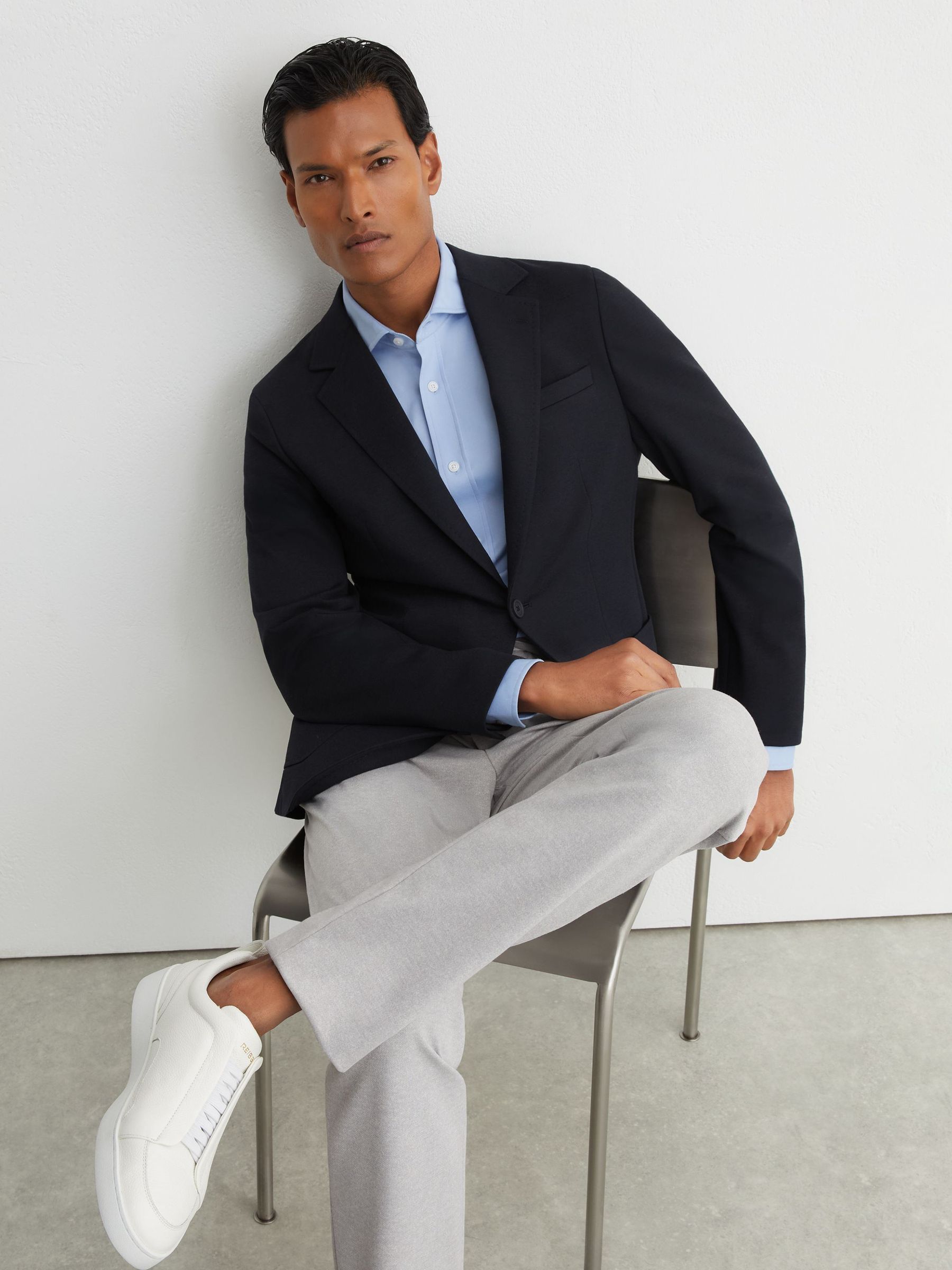 Tailored Fit R-Flex Gilet-Insert Single-Breasted Blazer in Navy/Brown - Image 5 of 11