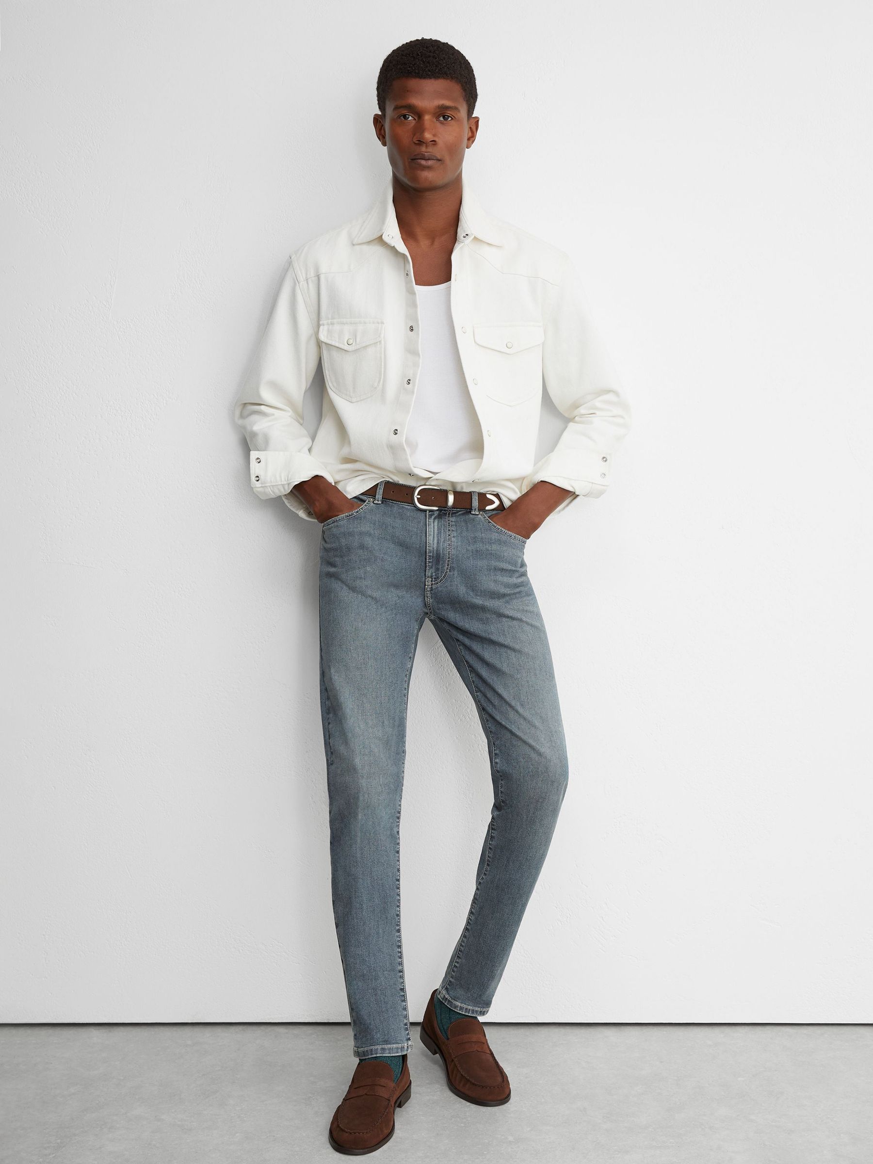 Tapered Slim-Fit Jeans in Washed Indigo Grey Cast - Image 1 of 6 Tapered Slim-Fit Jeans in Washed Indigo Grey Cast - Image 1 of 6