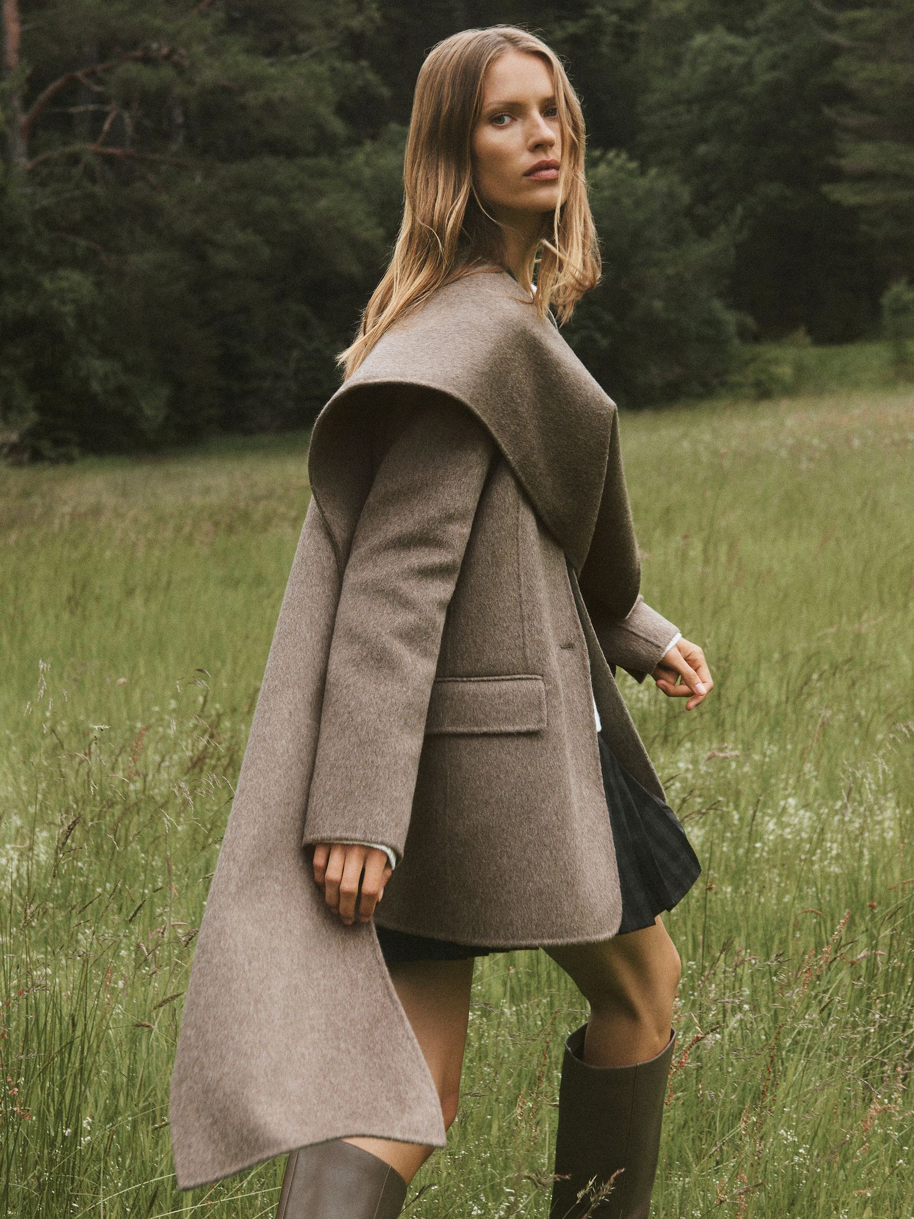 Wool-Blend Short Blindseam Coat with Scarf in Taupe Neutral - Image 1 of 10