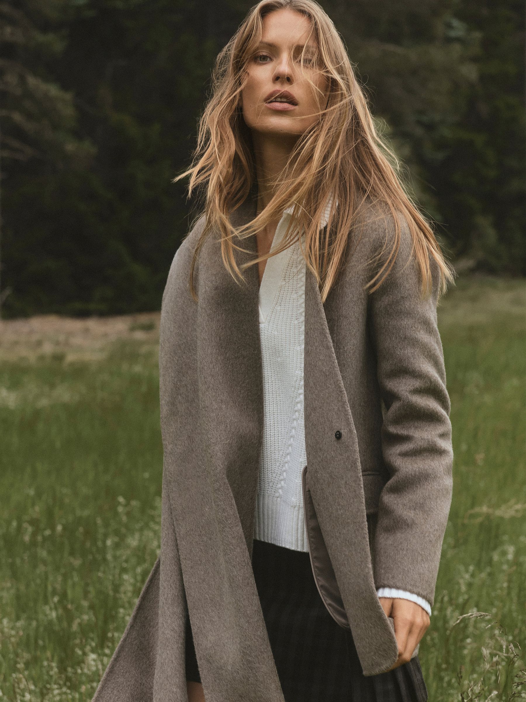 Wool-Blend Short Blindseam Coat with Scarf in Taupe Neutral - Image 3 of 10
