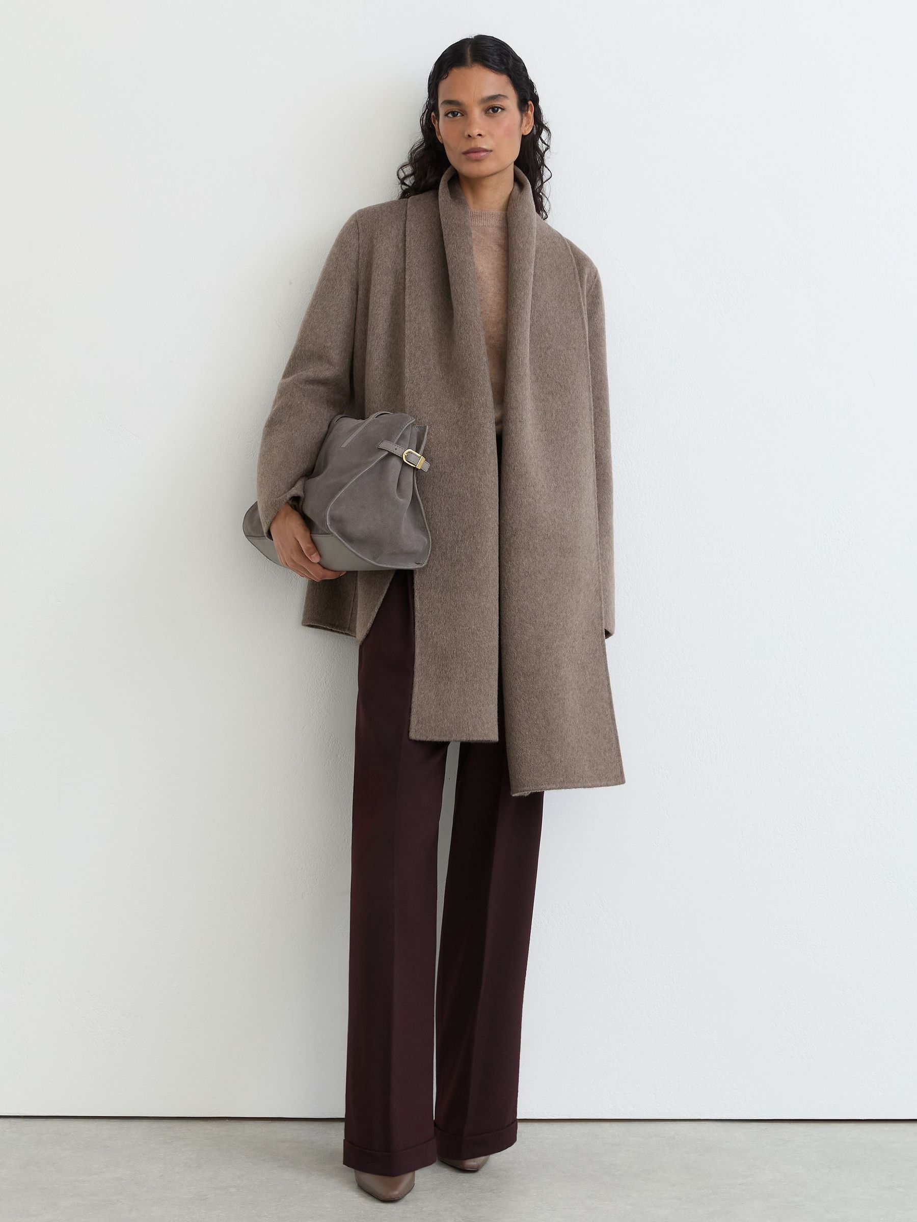 Wool-Blend Short Blindseam Coat with Scarf in Taupe Neutral - Image 4 of 10