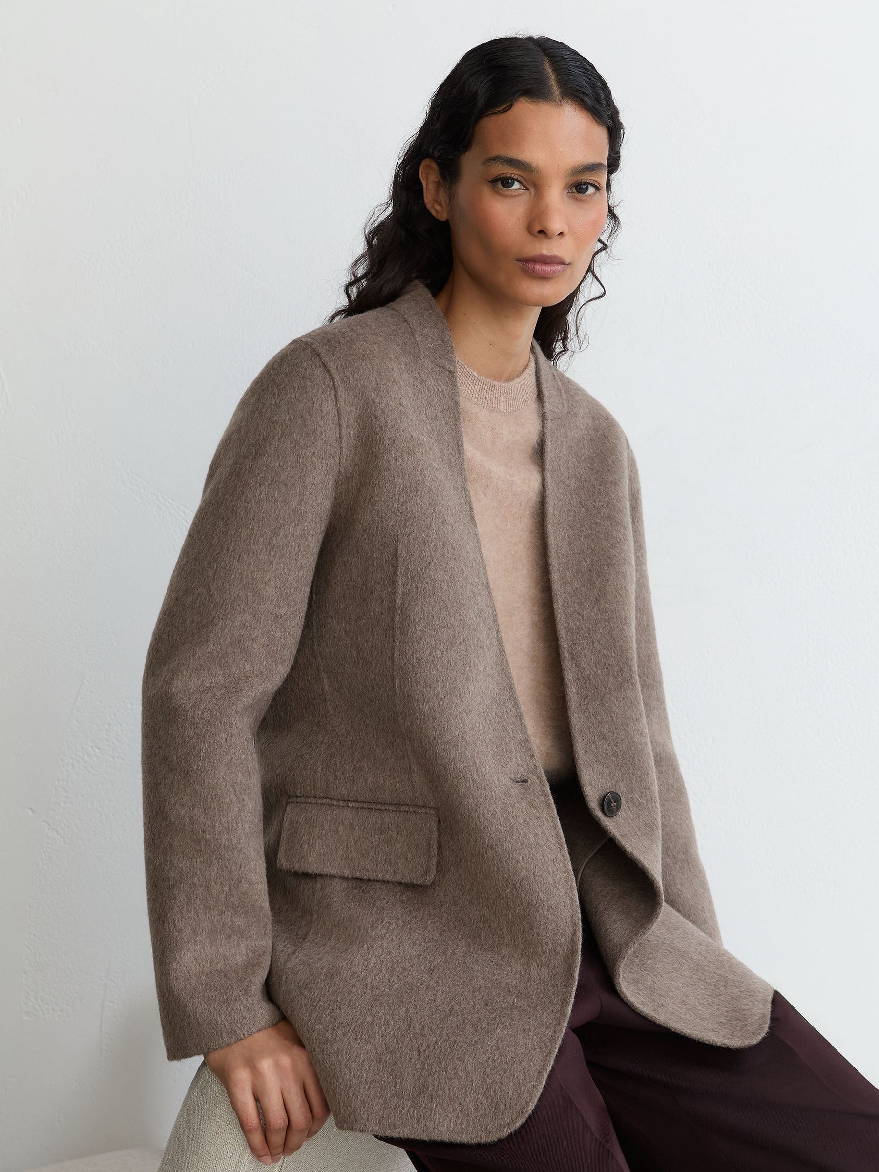 Wool-Blend Short Blindseam Coat with Scarf in Taupe Neutral - Image 5 of 10