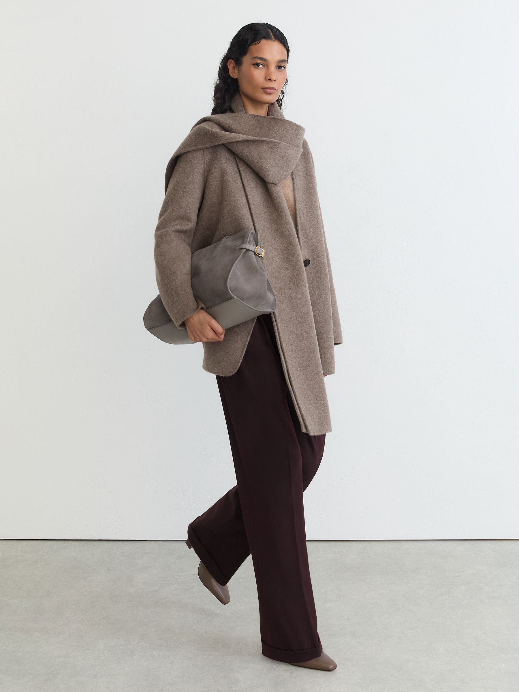 Wool-Blend Short Blindseam Coat with Scarf in Taupe Neutral - Image 6 of 10