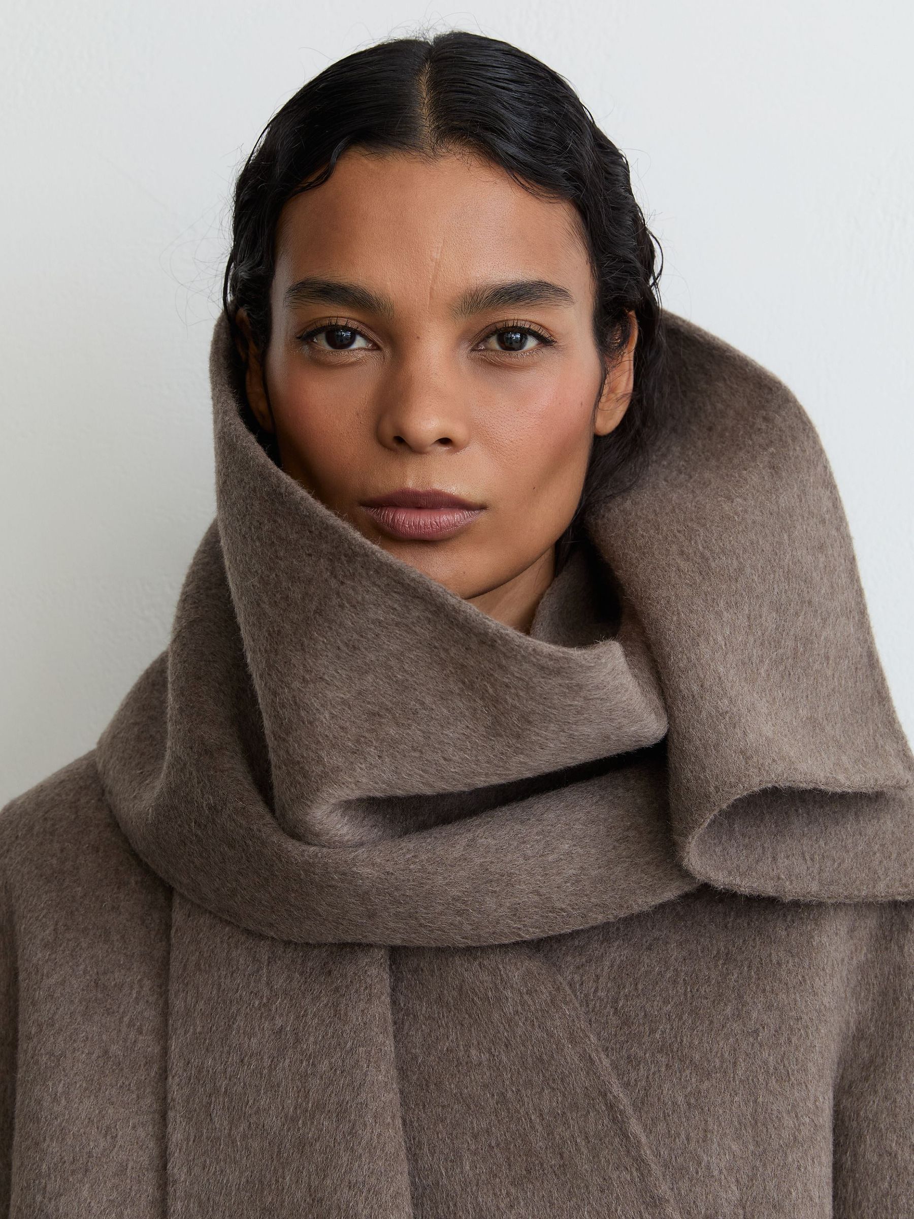 Wool-Blend Short Blindseam Coat with Scarf in Taupe Neutral - Image 9 of 10