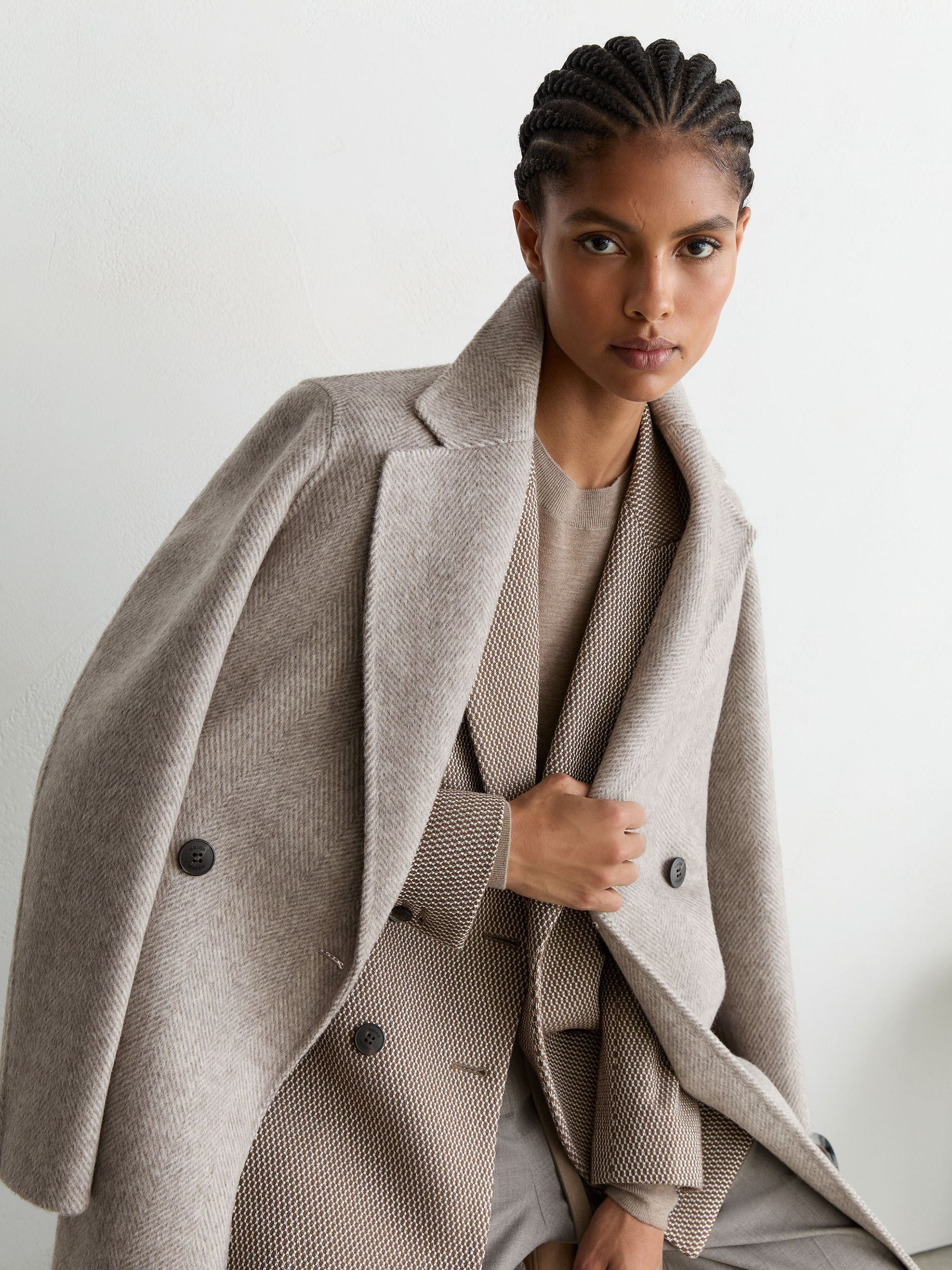 Herringbone Double-Breasted Blind-Seam Coat Wool-Blend in Light Grey - Image 1 of 8