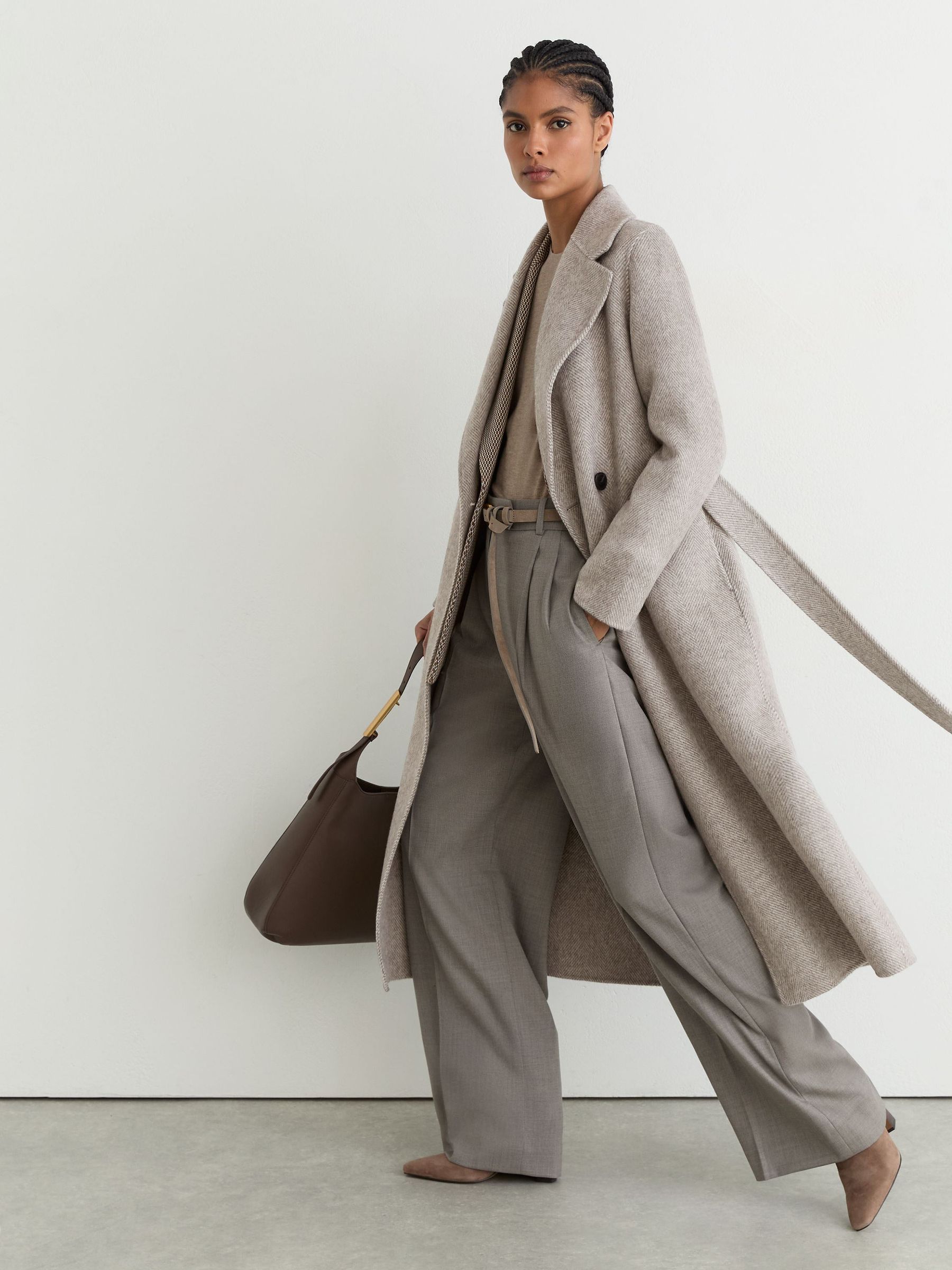 Herringbone Double-Breasted Blind-Seam Coat Wool-Blend in Light Grey - Image 3 of 8