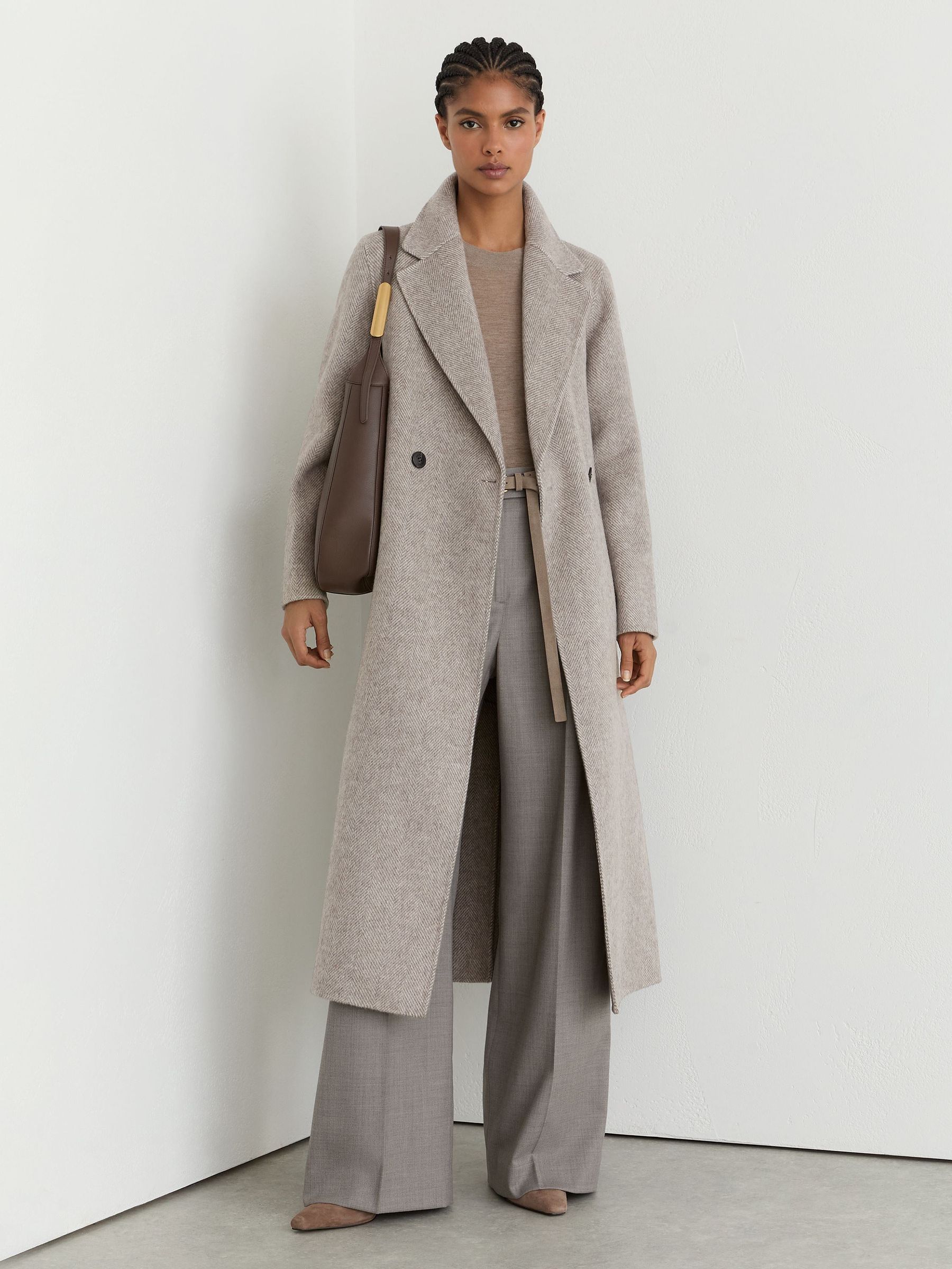 Herringbone Double-Breasted Blind-Seam Coat Wool-Blend in Light Grey - Image 4 of 8