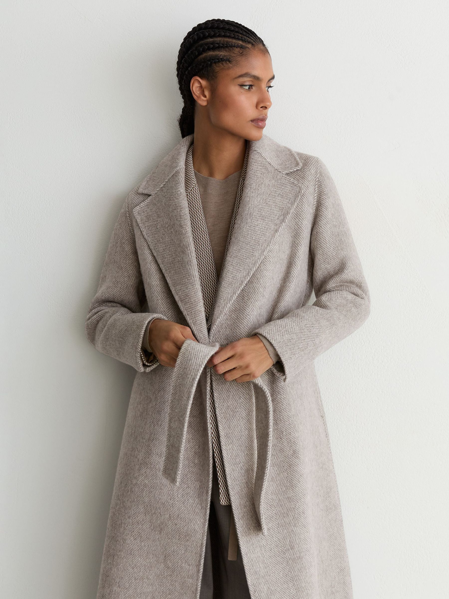 Herringbone Double-Breasted Blind-Seam Coat Wool-Blend in Light Grey - Image 6 of 8