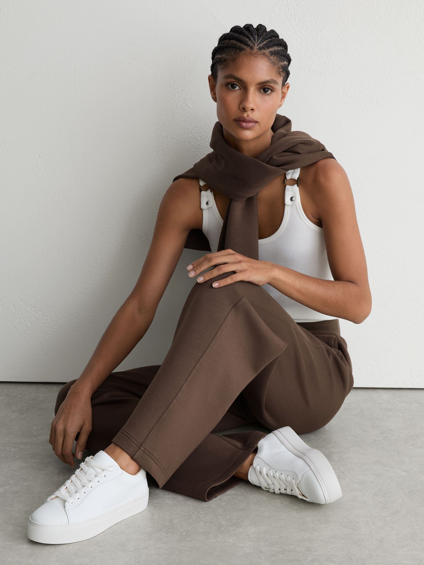 Premium Interlock Wide-Leg Joggers in Mocha Brown - Image 1 of 7