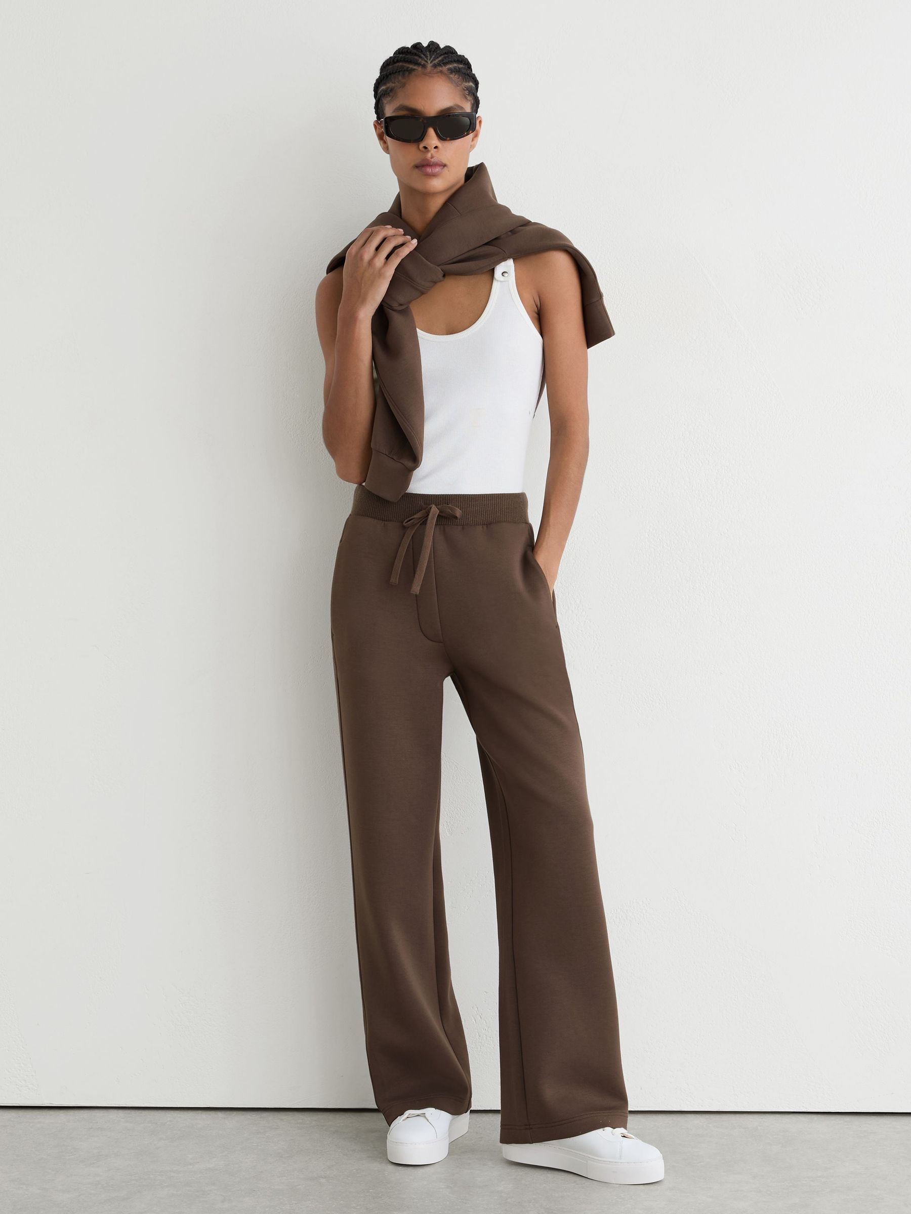 Premium Interlock Wide-Leg Joggers in Mocha Brown - Image 3 of 7