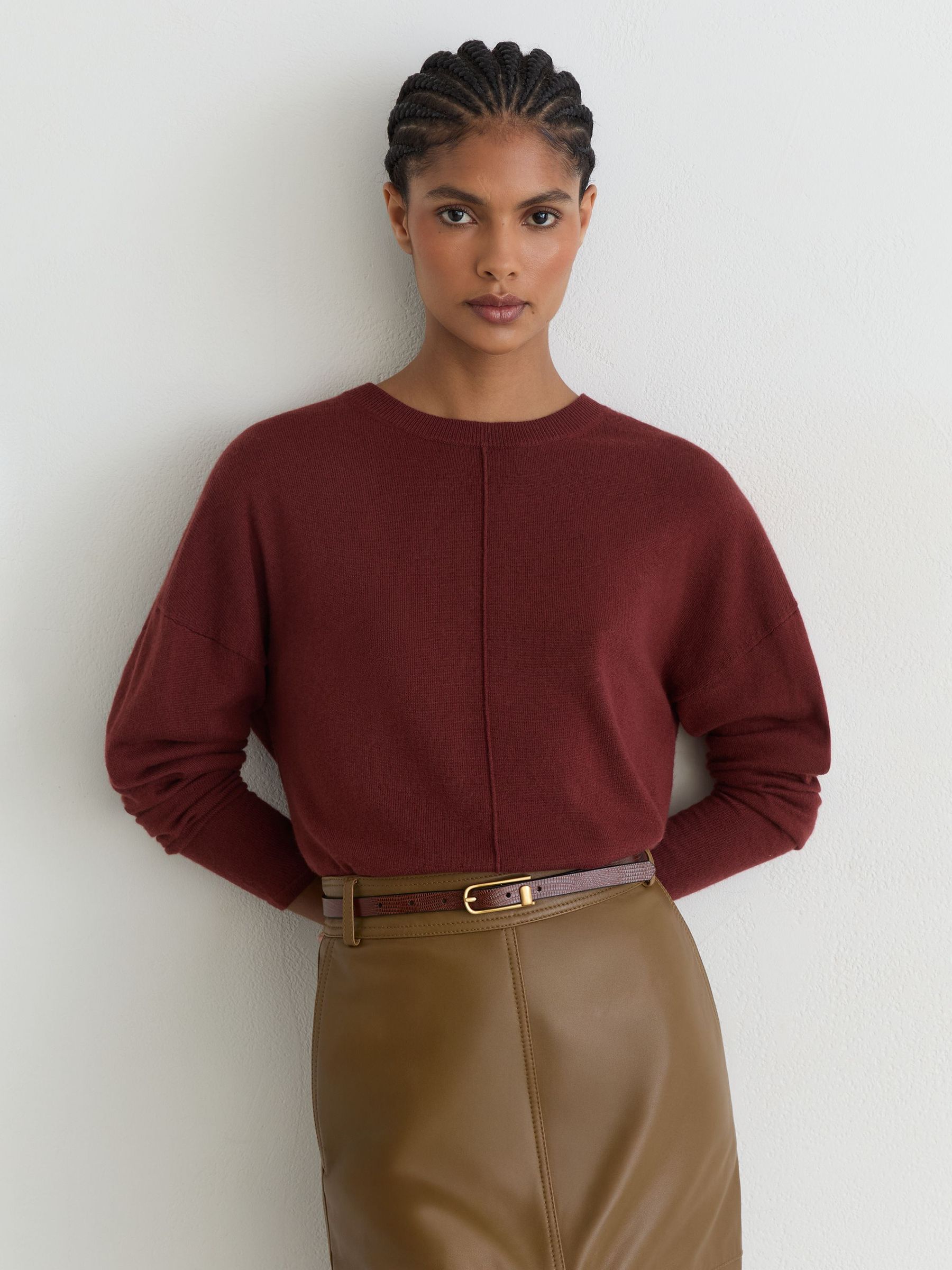 Wool-Blend Reverse-Seam Jumper with Cashmere in Dark Red - Image 1 of 8