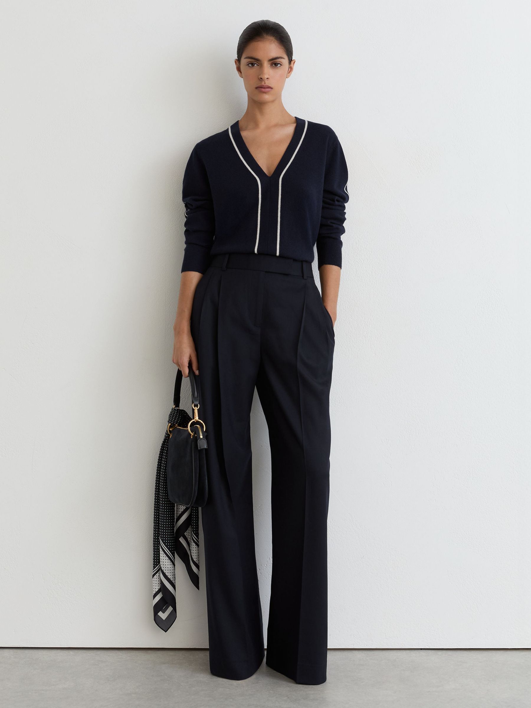 Wool-Blend V-Neck Stripe-Detail Jumper with Cashmere in Navy/Ivory - Image 1 of 6 Wool-Blend V-Neck Stripe-Detail Jumper with Cashmere in Navy/Ivory - Image 1 of 6