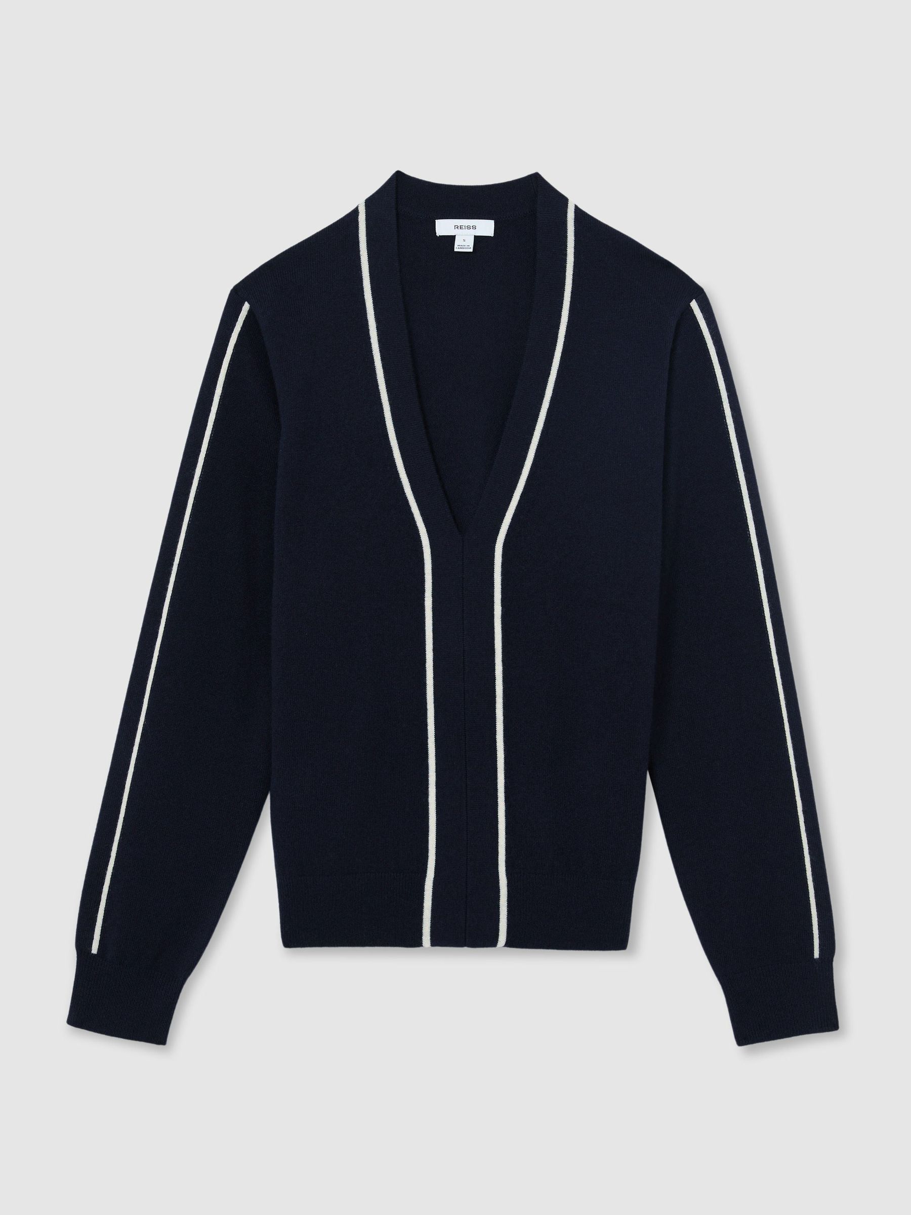 Wool-Blend V-Neck Stripe-Detail Jumper with Cashmere in Navy/Ivory - Image 2 of 6 Wool-Blend V-Neck Stripe-Detail Jumper with Cashmere in Navy/Ivory - Image 2 of 6
