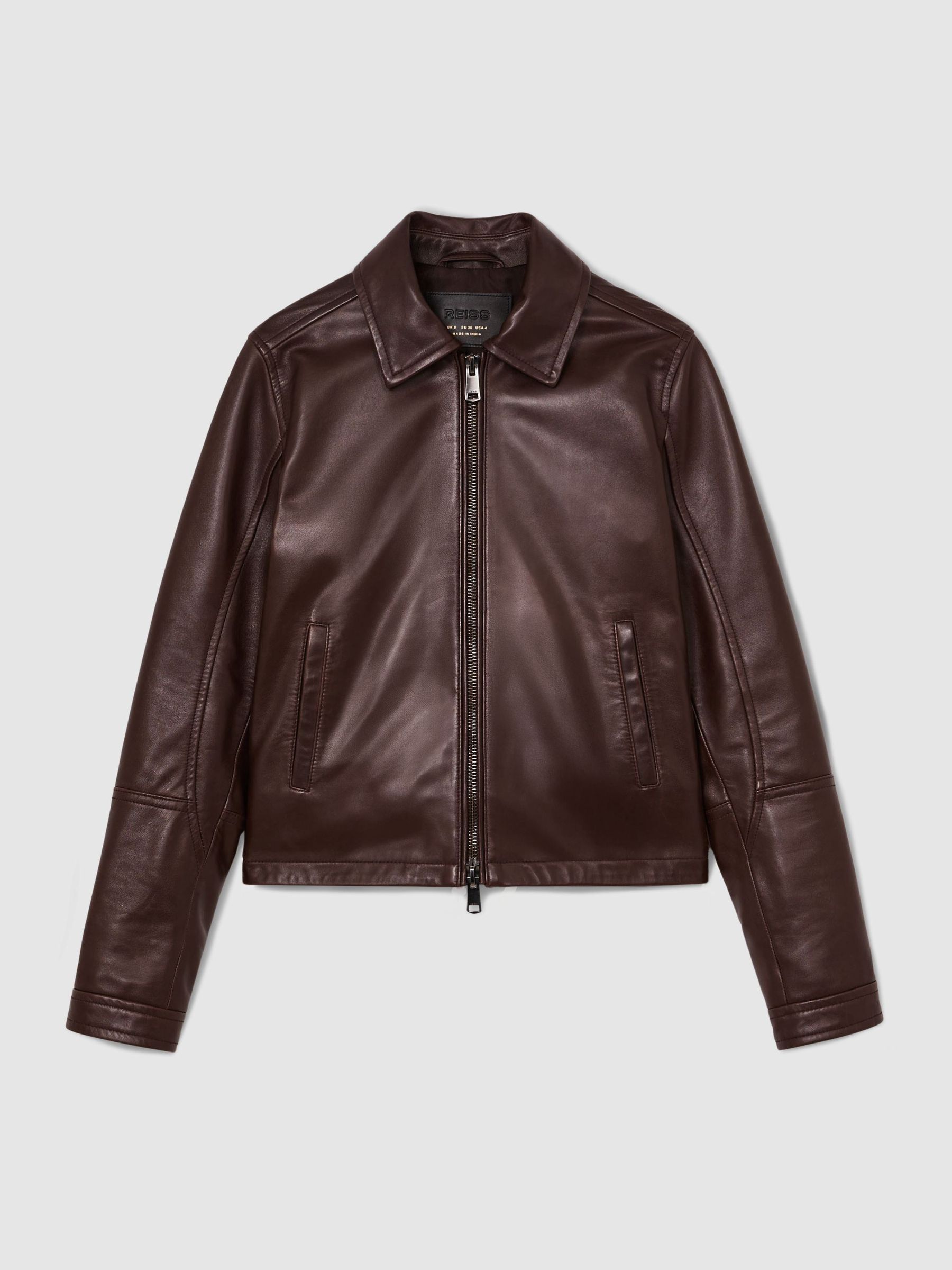 Petite Leather Zip-Through Moto Jacket in Chocolate Brown - Image 2 of 10