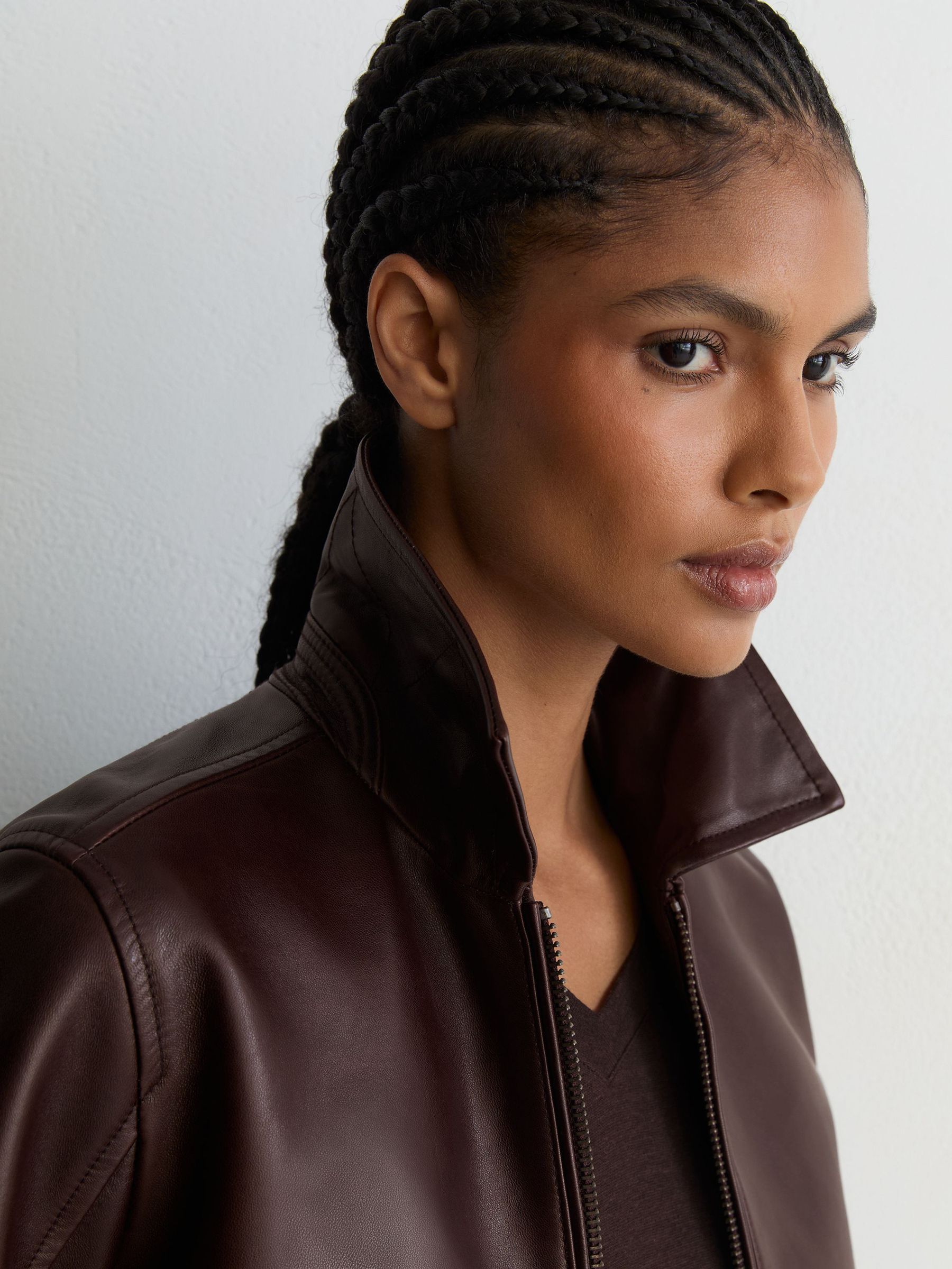 Petite Leather Zip-Through Moto Jacket in Chocolate Brown - Image 5 of 10