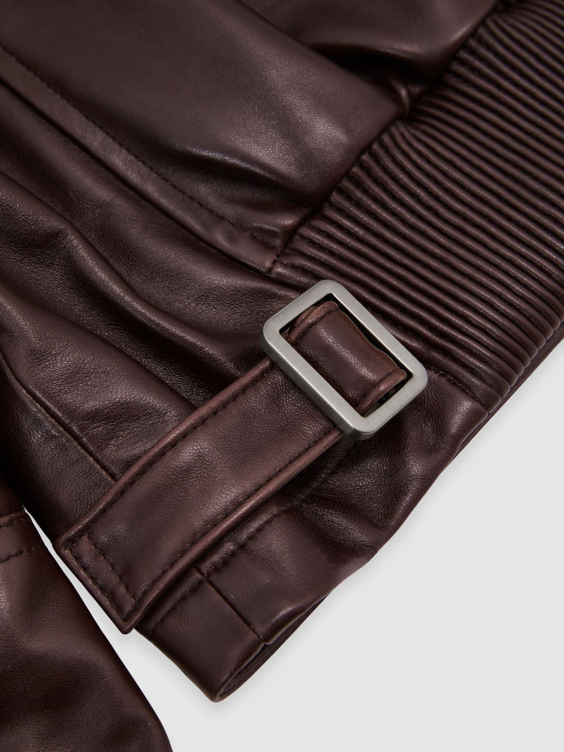 Petite Leather Zip-Through Moto Jacket in Chocolate Brown - Image 9 of 10