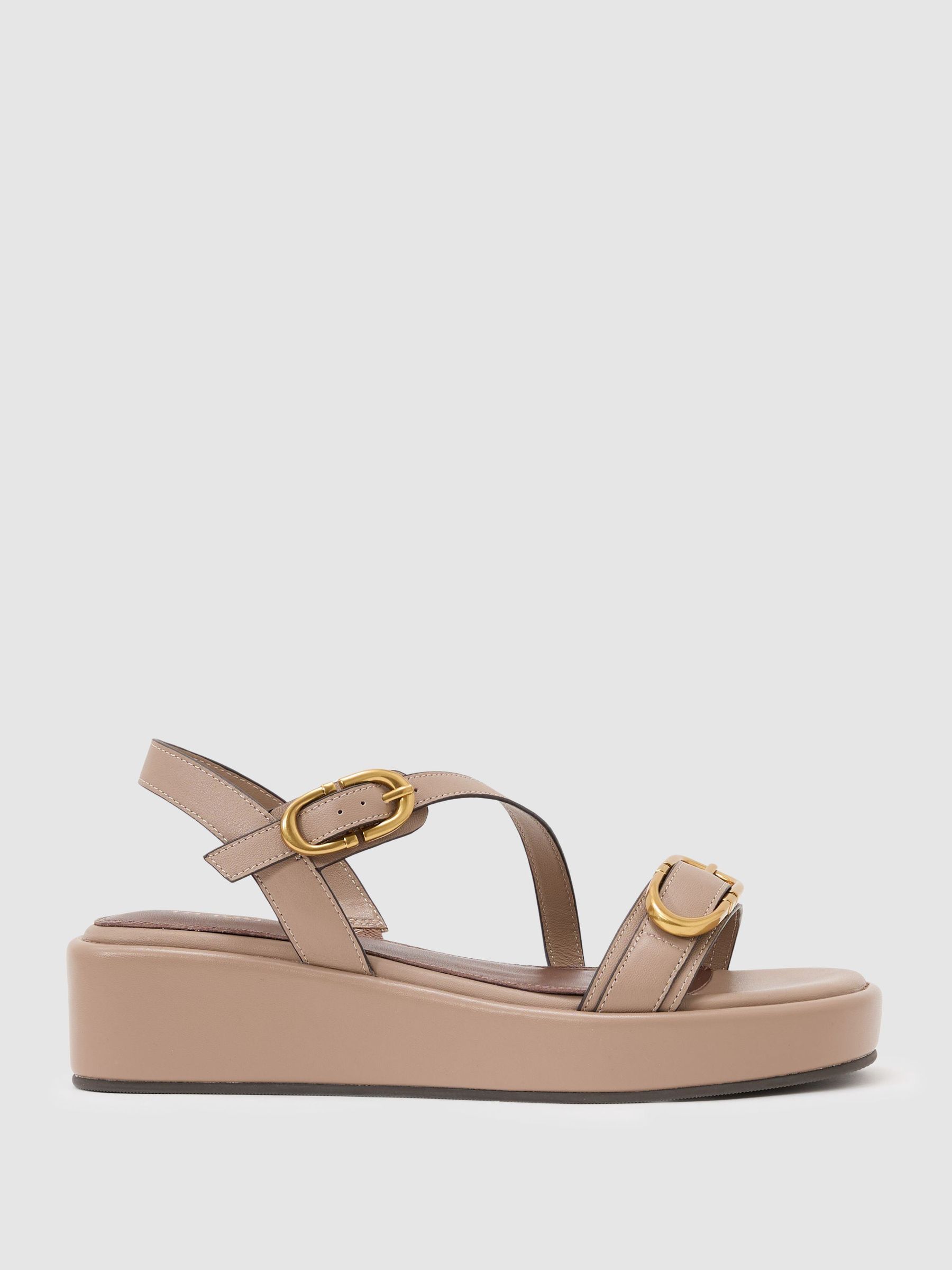 Leather Double Buckle Flatform Sandals in Taupe - Image 2 de 5