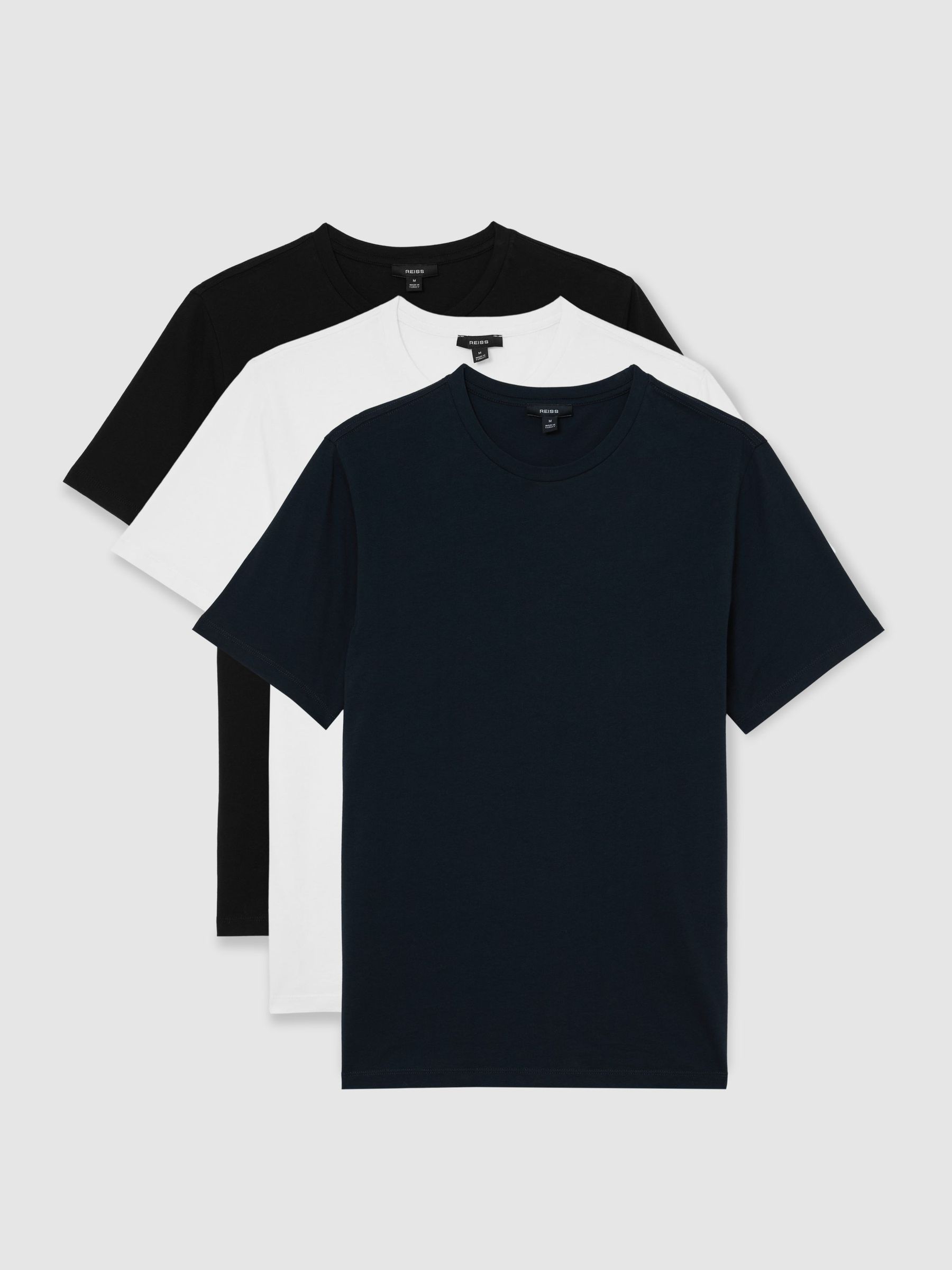 Cotton Crew-Neck Tailored-Fit T-Shirts 3-Pack in White/Navy/Black - Image 1 of 6