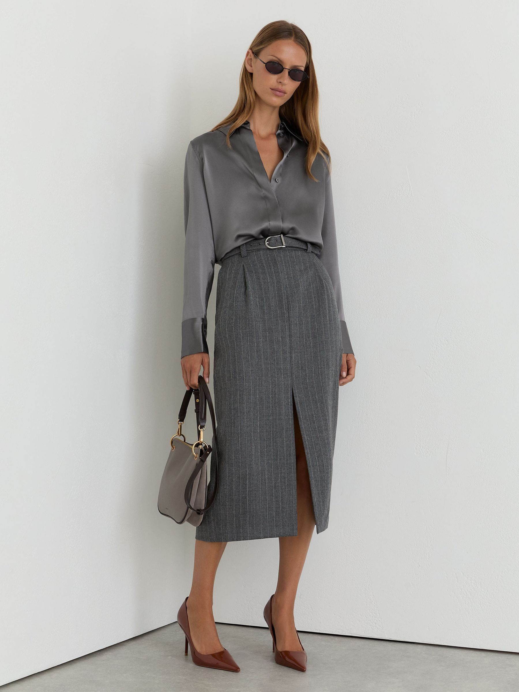 Petite Silk-Satin Concealed-Placket Shirt in Dark Grey - Image 1 of 9 Petite Silk-Satin Concealed-Placket Shirt in Dark Grey - Image 1 of 9