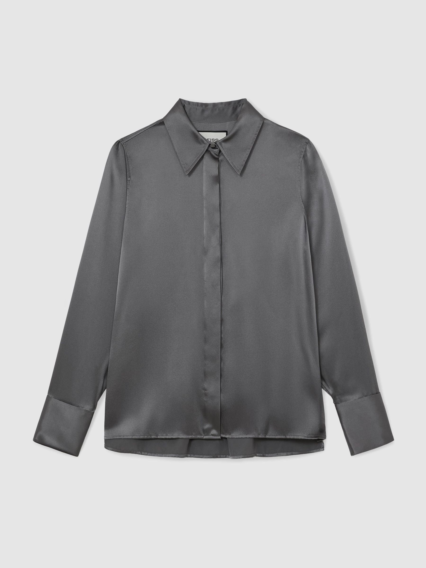 Petite Silk-Satin Concealed-Placket Shirt in Dark Grey - Image 2 of 9