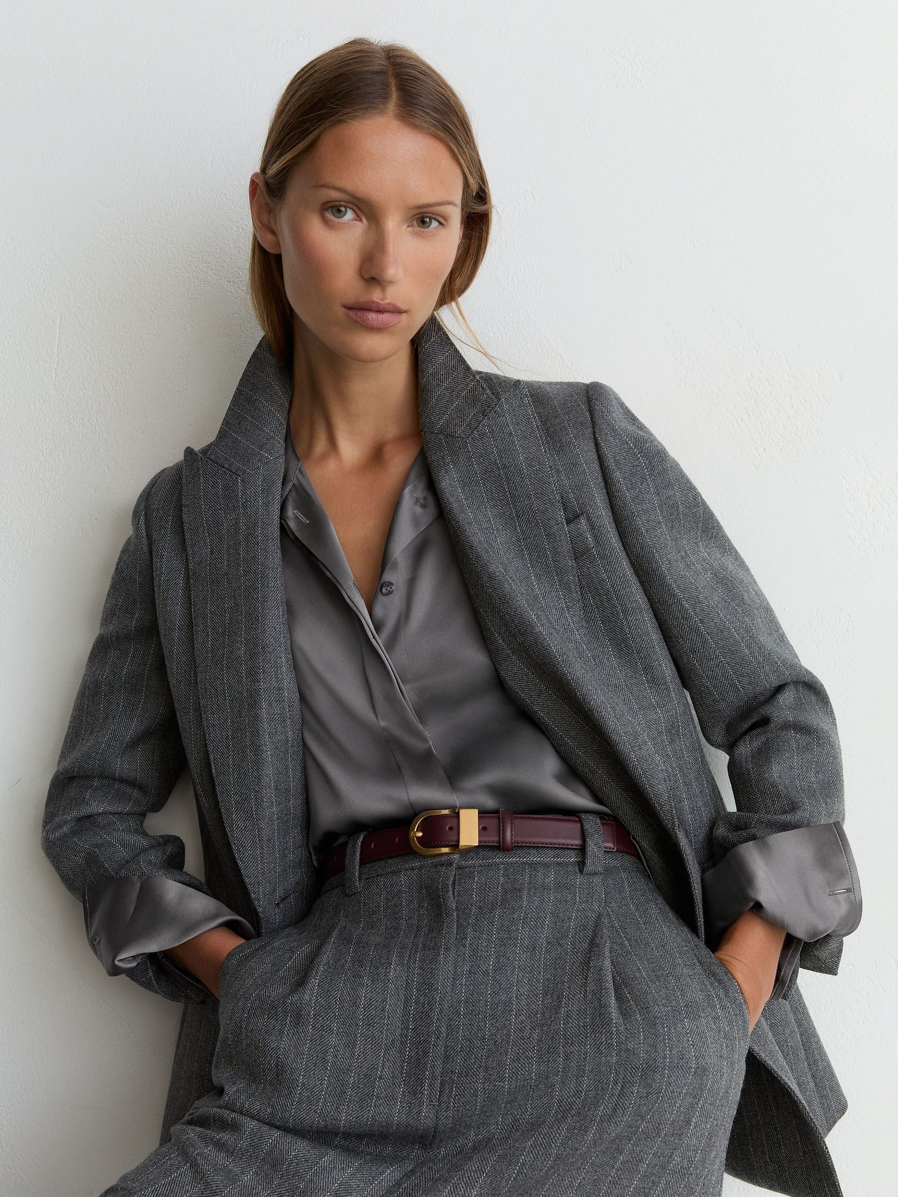 Petite Silk-Satin Concealed-Placket Shirt in Dark Grey - Image 3 of 9