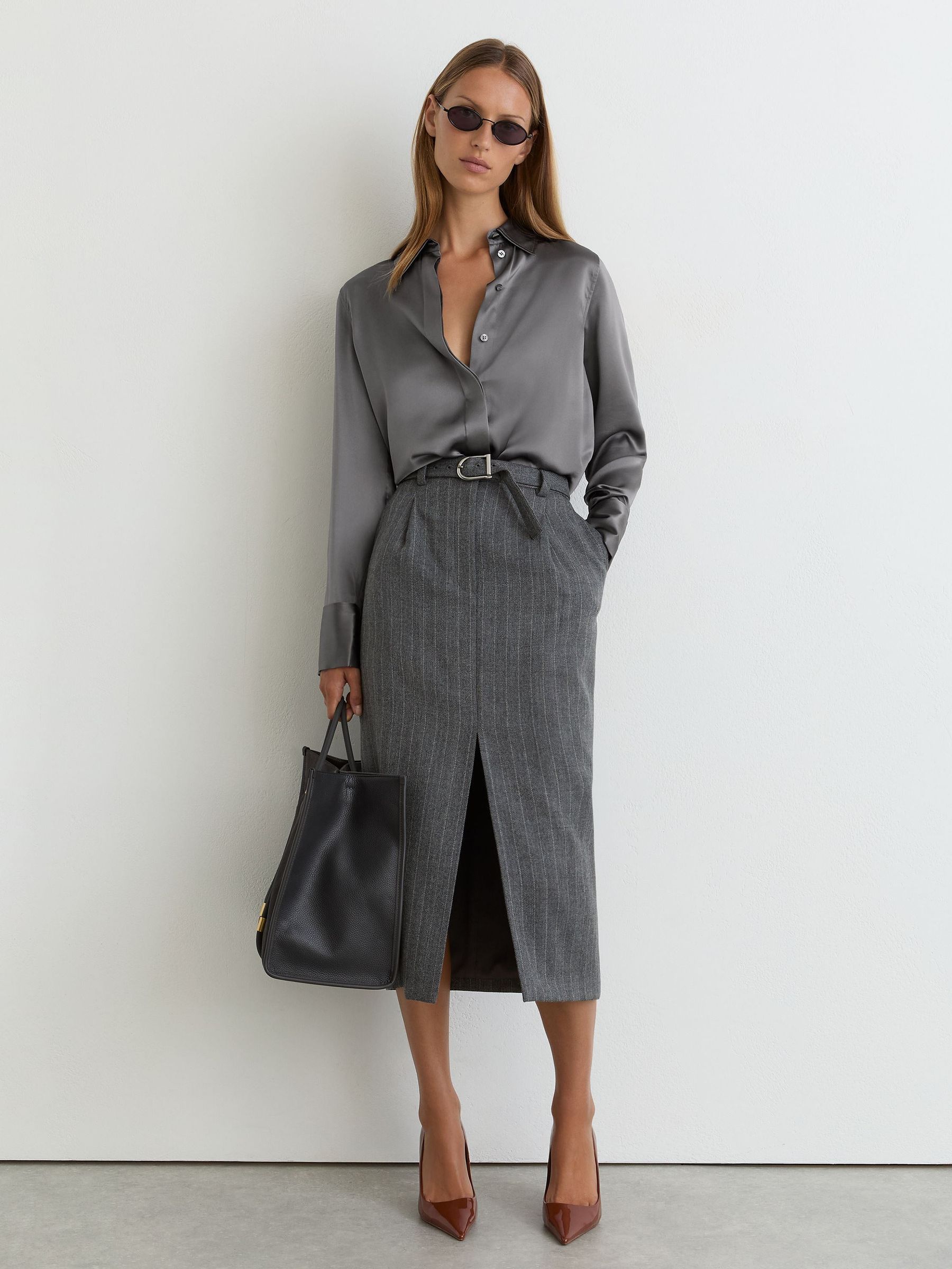 Petite Silk-Satin Concealed-Placket Shirt in Dark Grey - Image 4 of 9