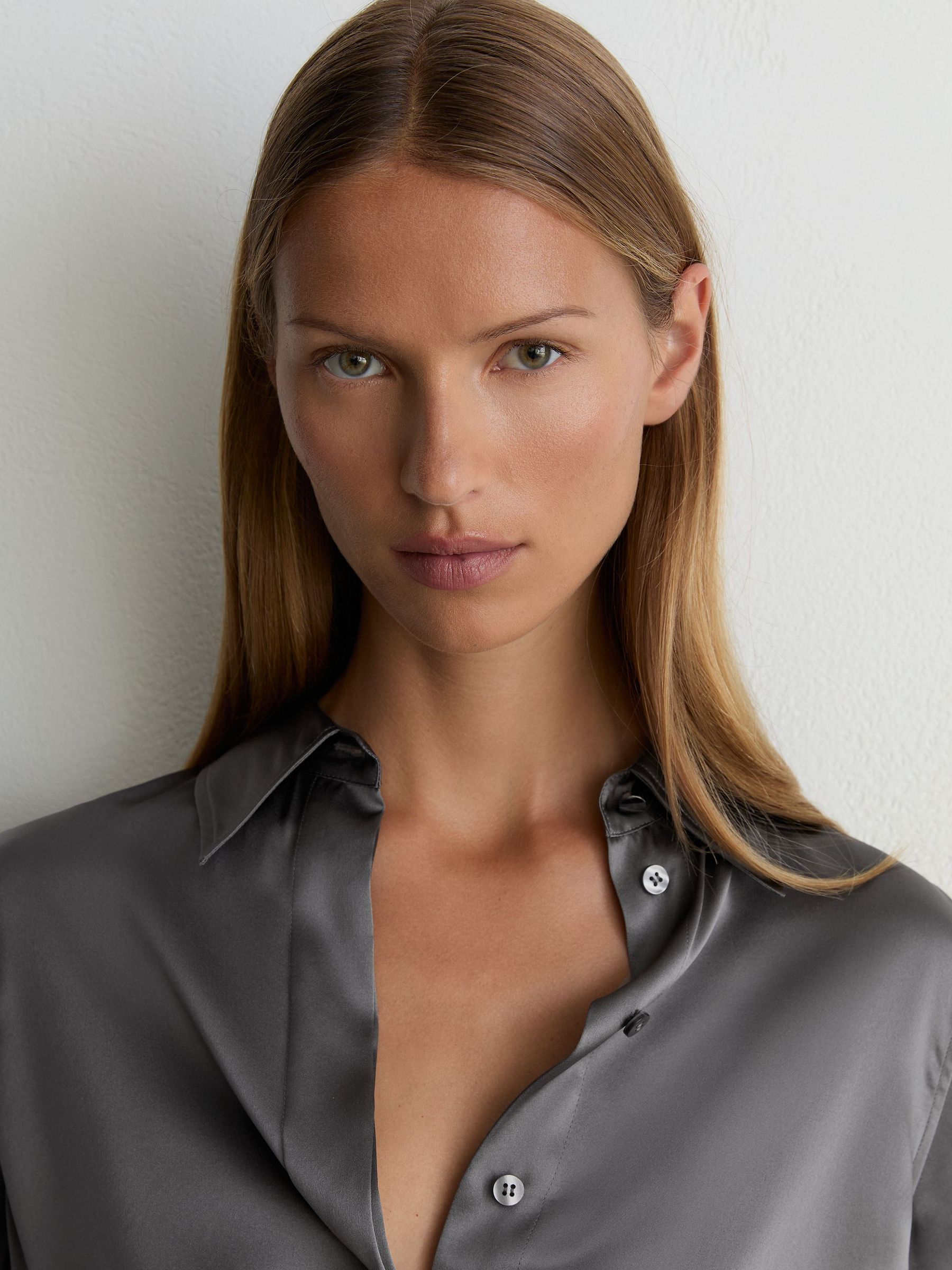 Petite Silk-Satin Concealed-Placket Shirt in Dark Grey - Image 5 of 9