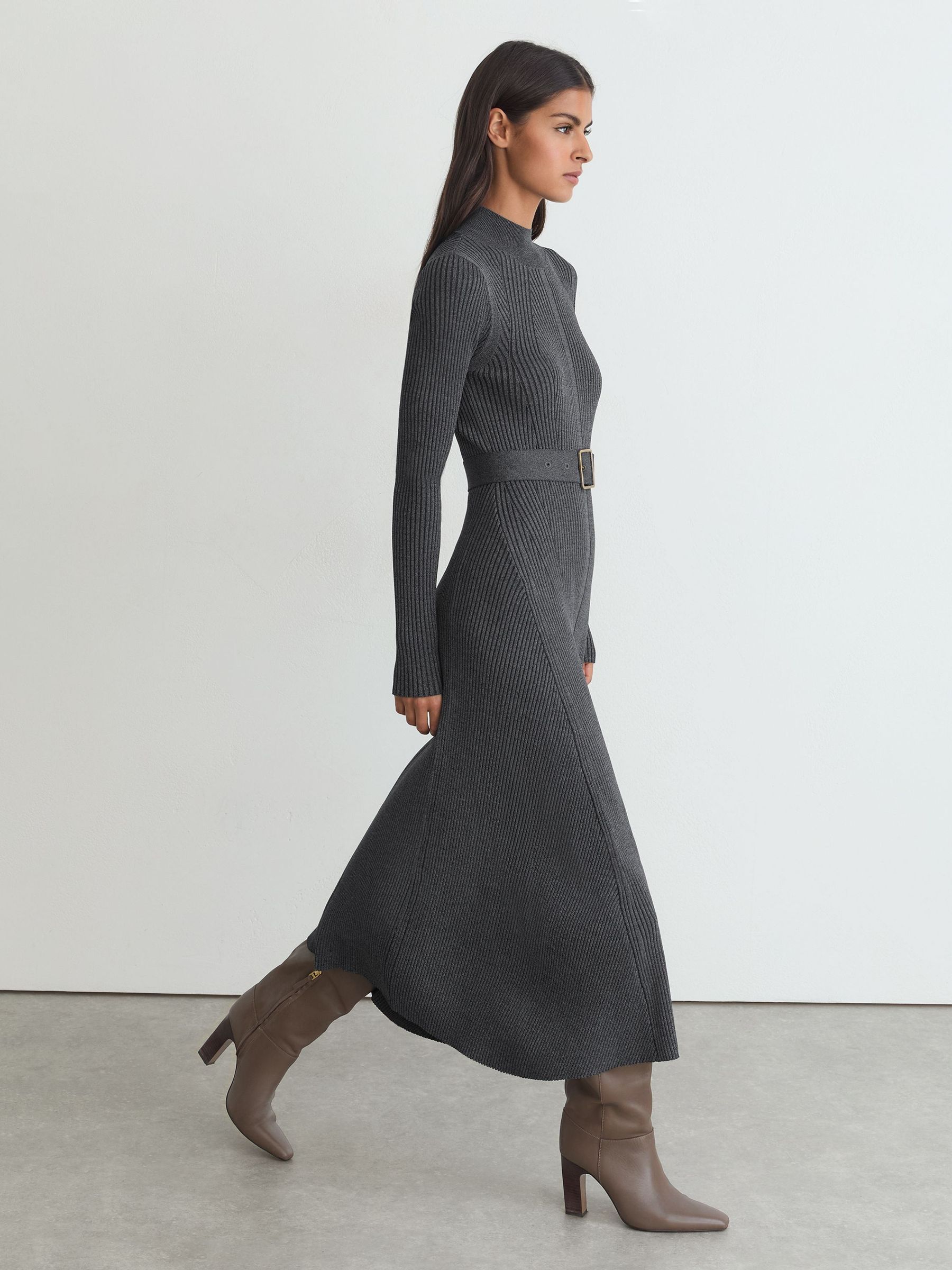 Rib-Knit Belted Midi Dress in Grey - Image 1 of 8