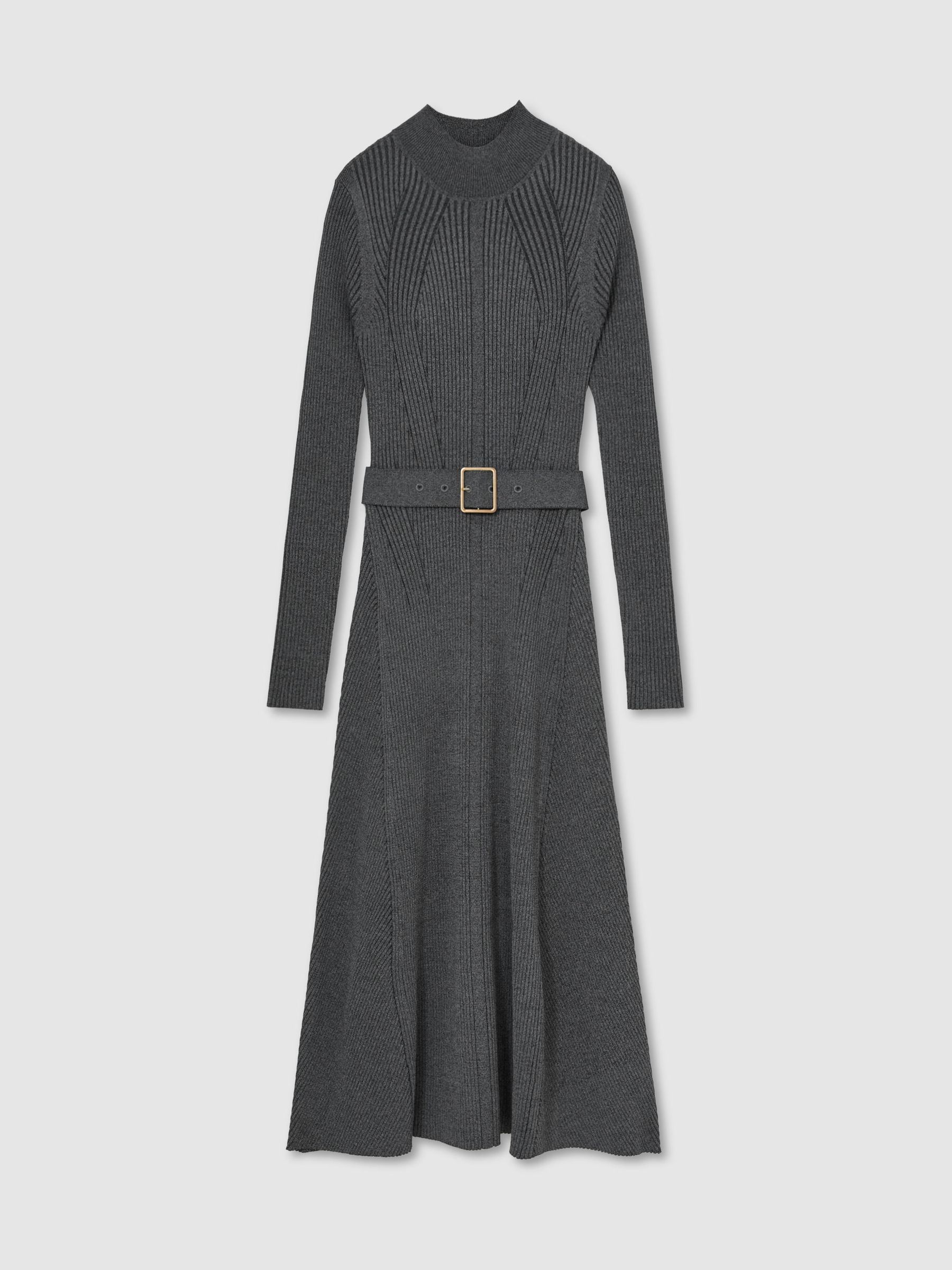 Rib-Knit Belted Midi Dress in Grey - Image 2 of 8