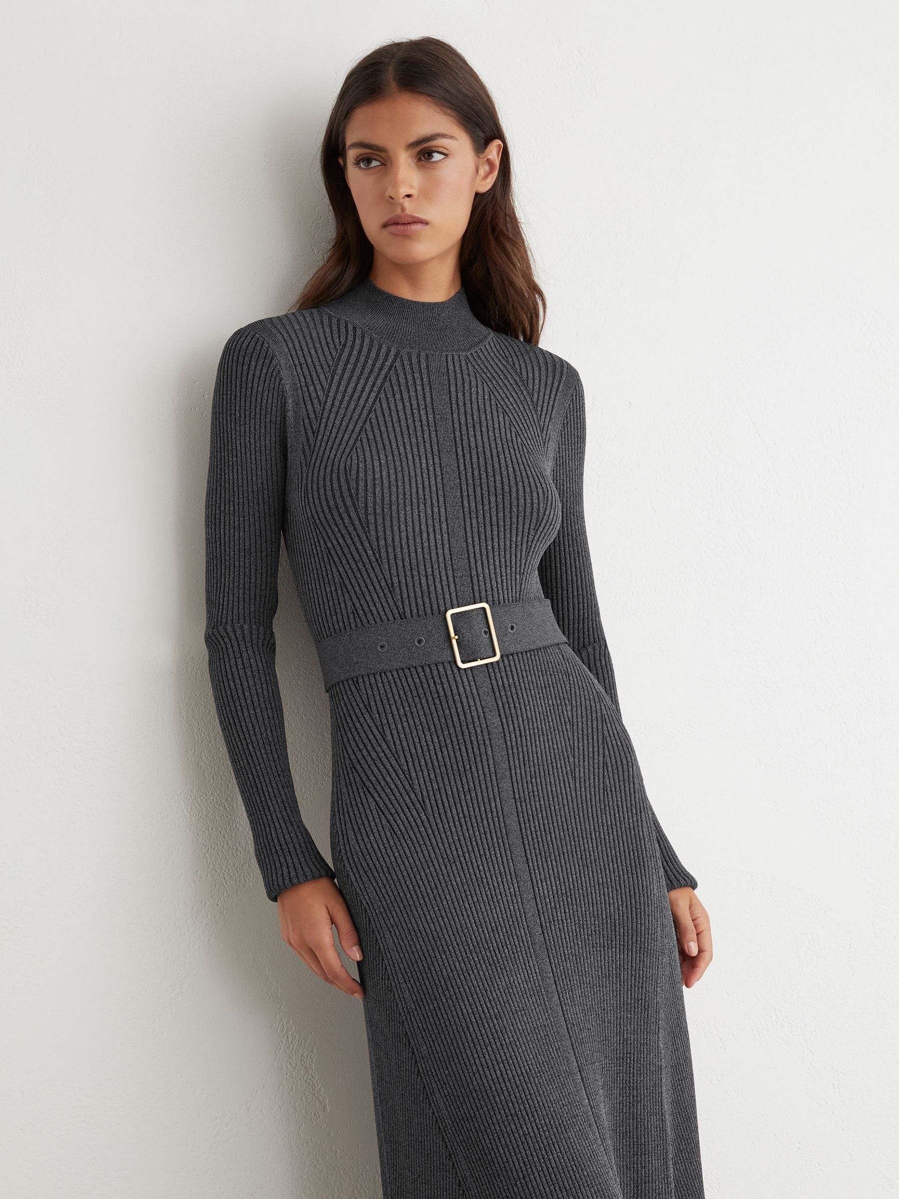 Rib-Knit Belted Midi Dress in Grey - Image 3 of 8
