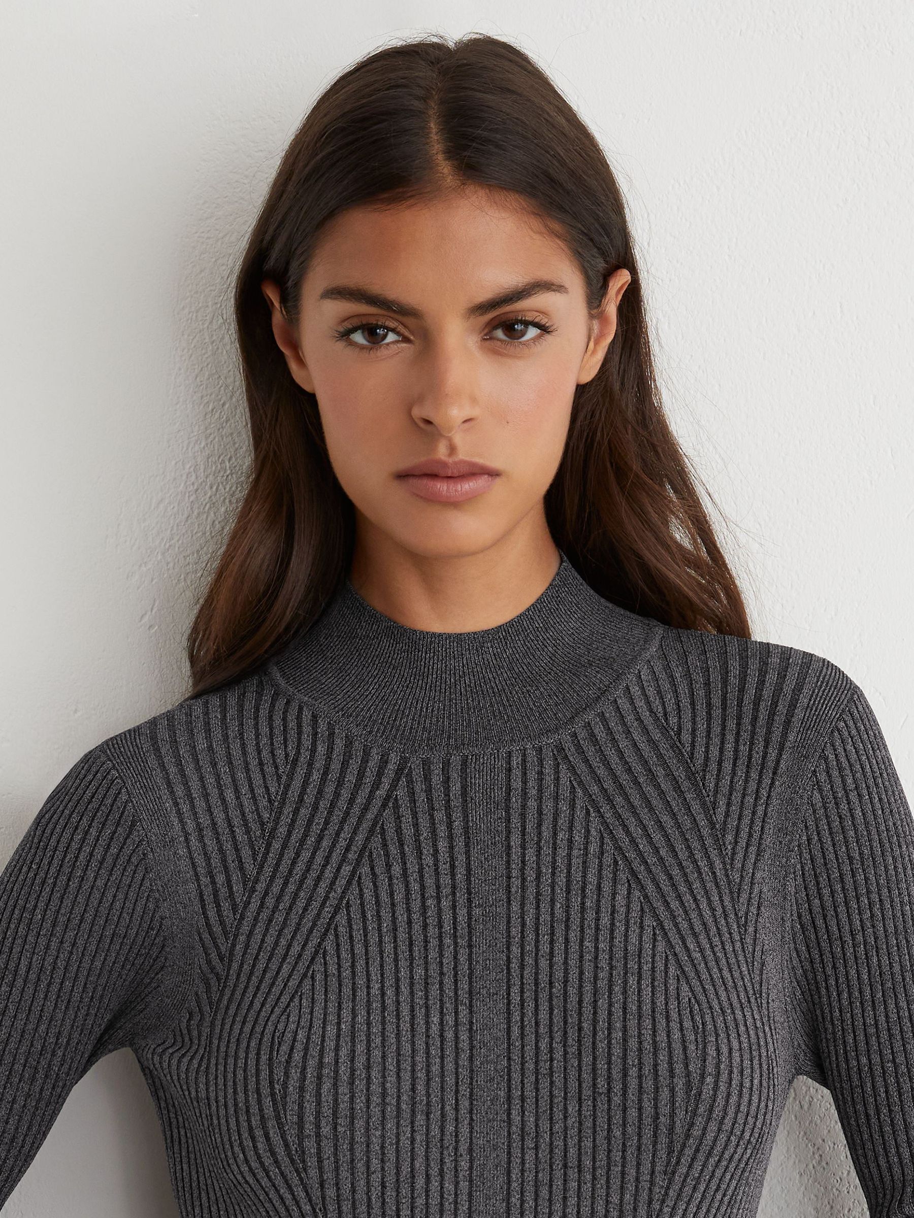 Rib-Knit Belted Midi Dress in Grey - Image 4 of 8