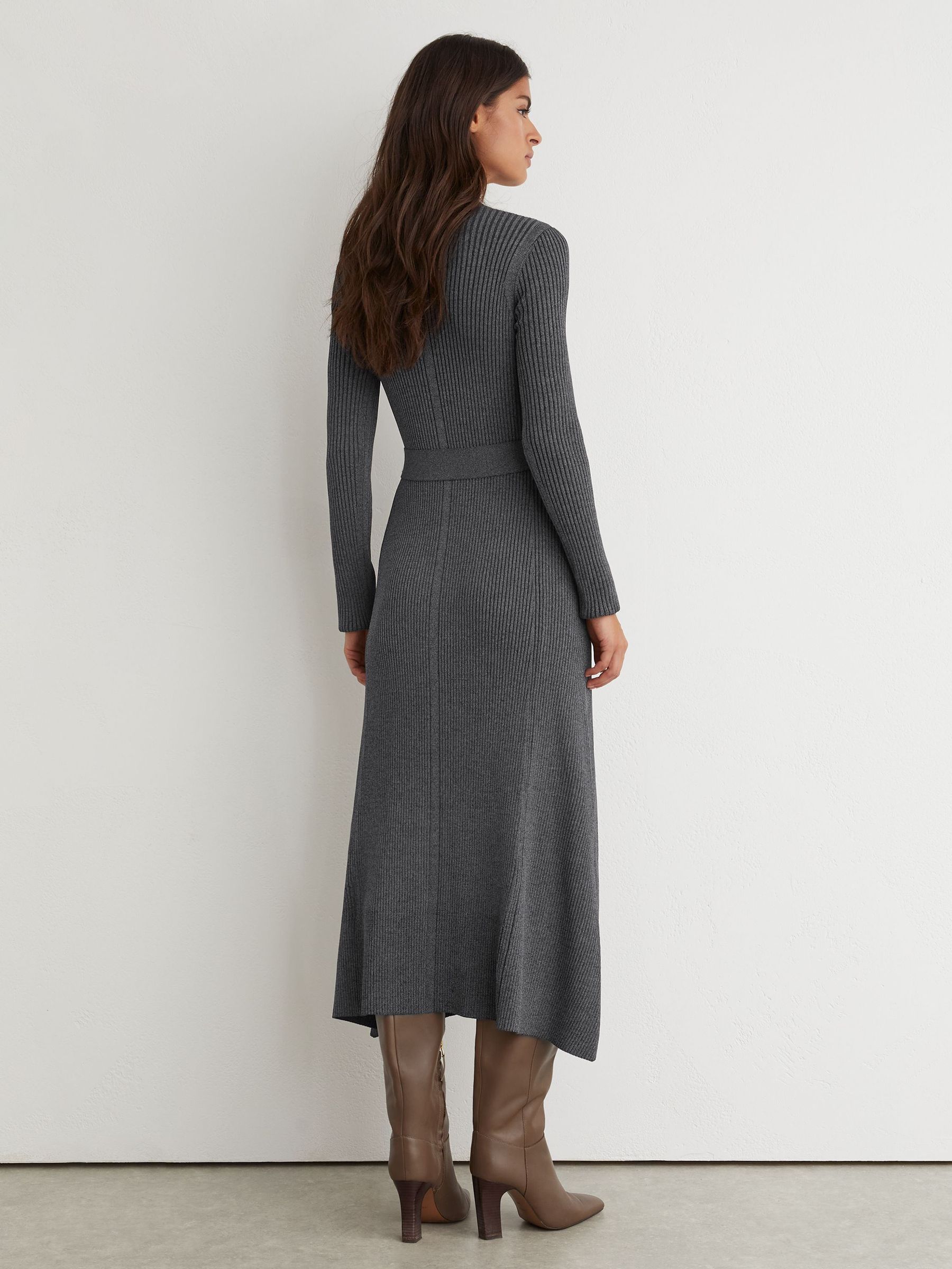 Rib-Knit Belted Midi Dress in Grey - Image 6 of 8