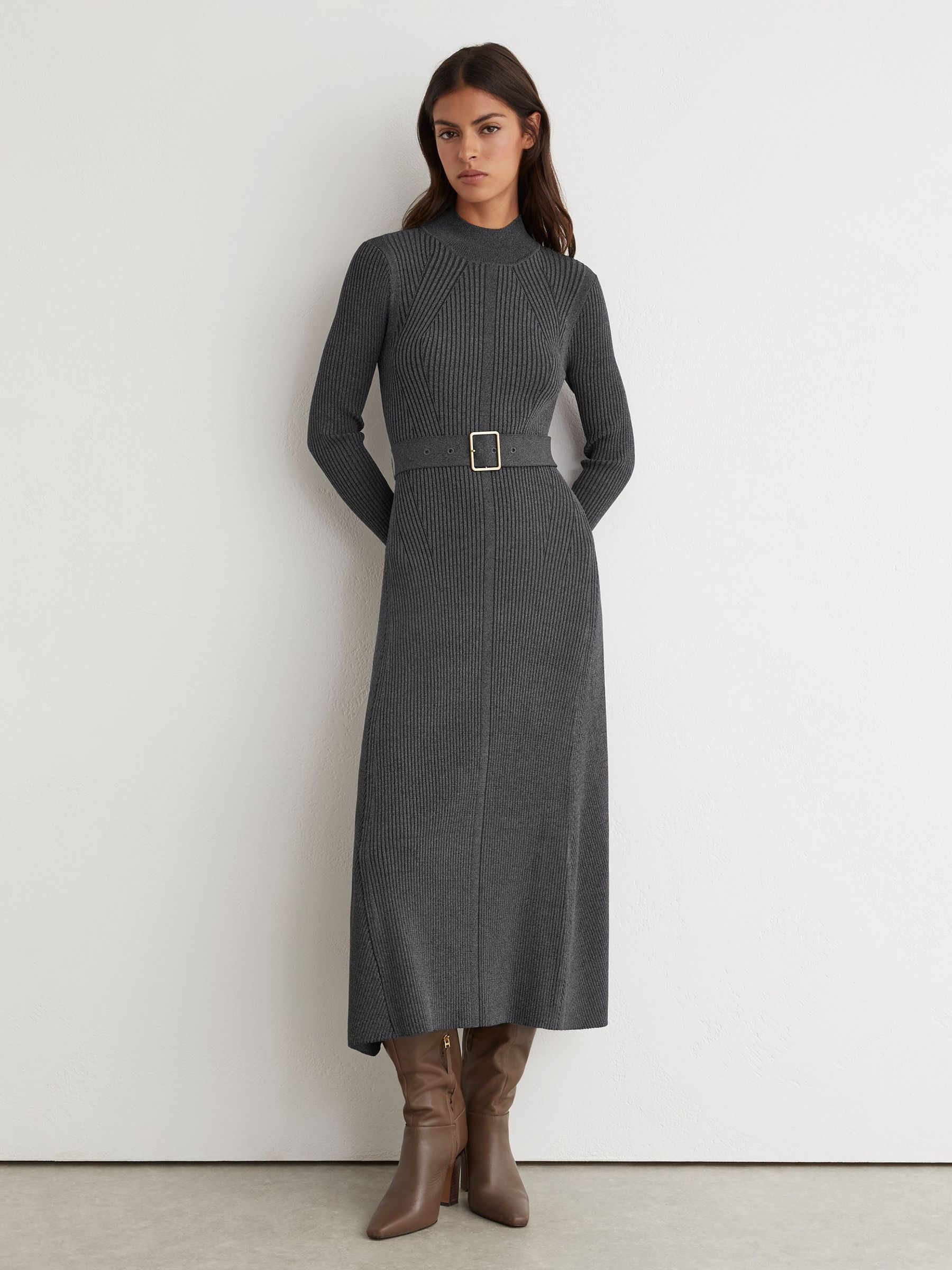Rib-Knit Belted Midi Dress in Grey - Image 7 of 8