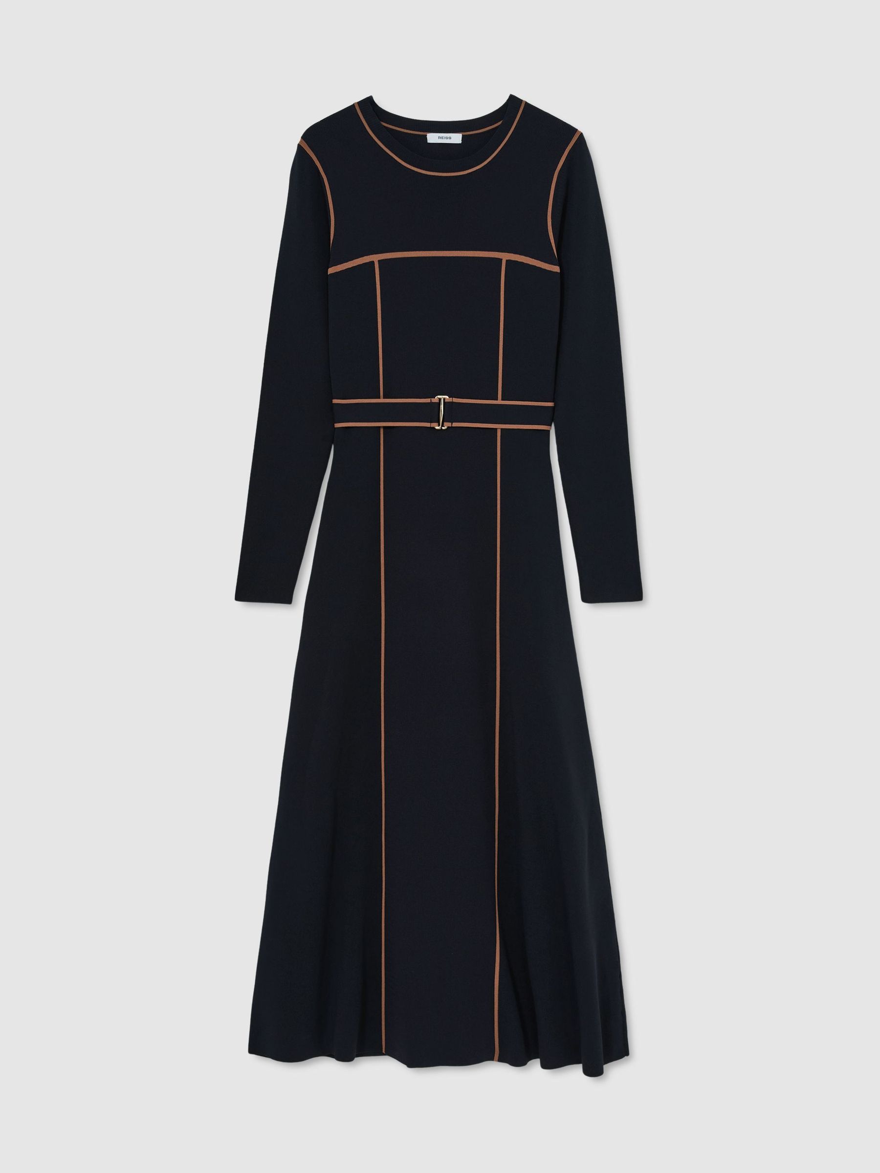 Petite Colour-Block Knitted Midi Dress in Navy/Camel - Εικόνα 2 από 9