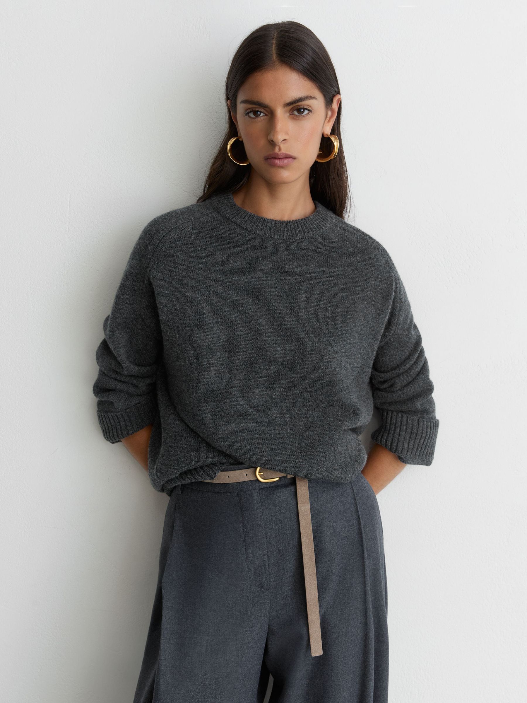 Pull à col rond et manches raglan en laine et cachemire, gris anthracite - Image 1 de 7