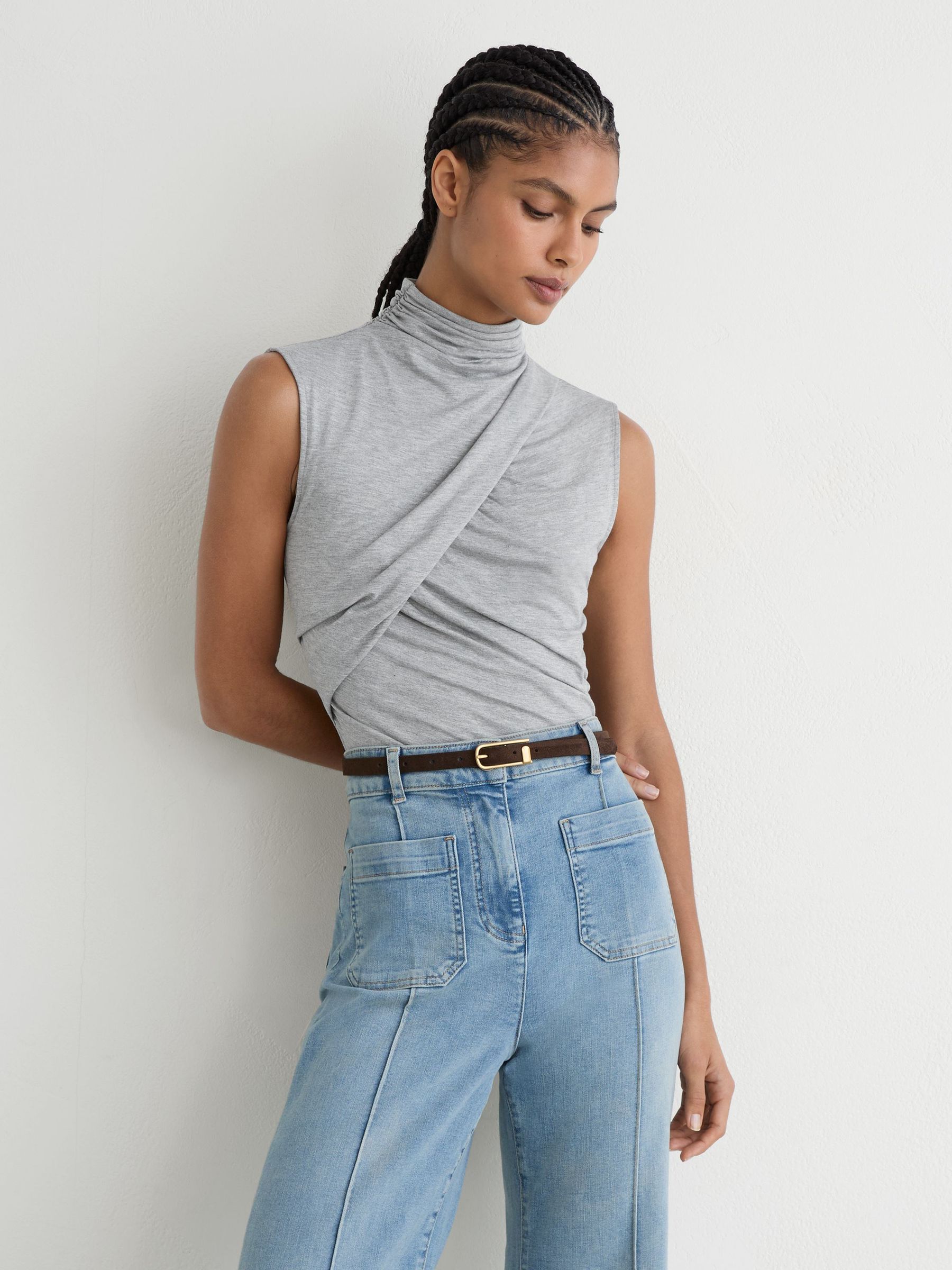 Ruched High-Neck Top in Grey Marl - Image 1 of 6 Ruched High-Neck Top in Grey Marl - Image 1 of 6