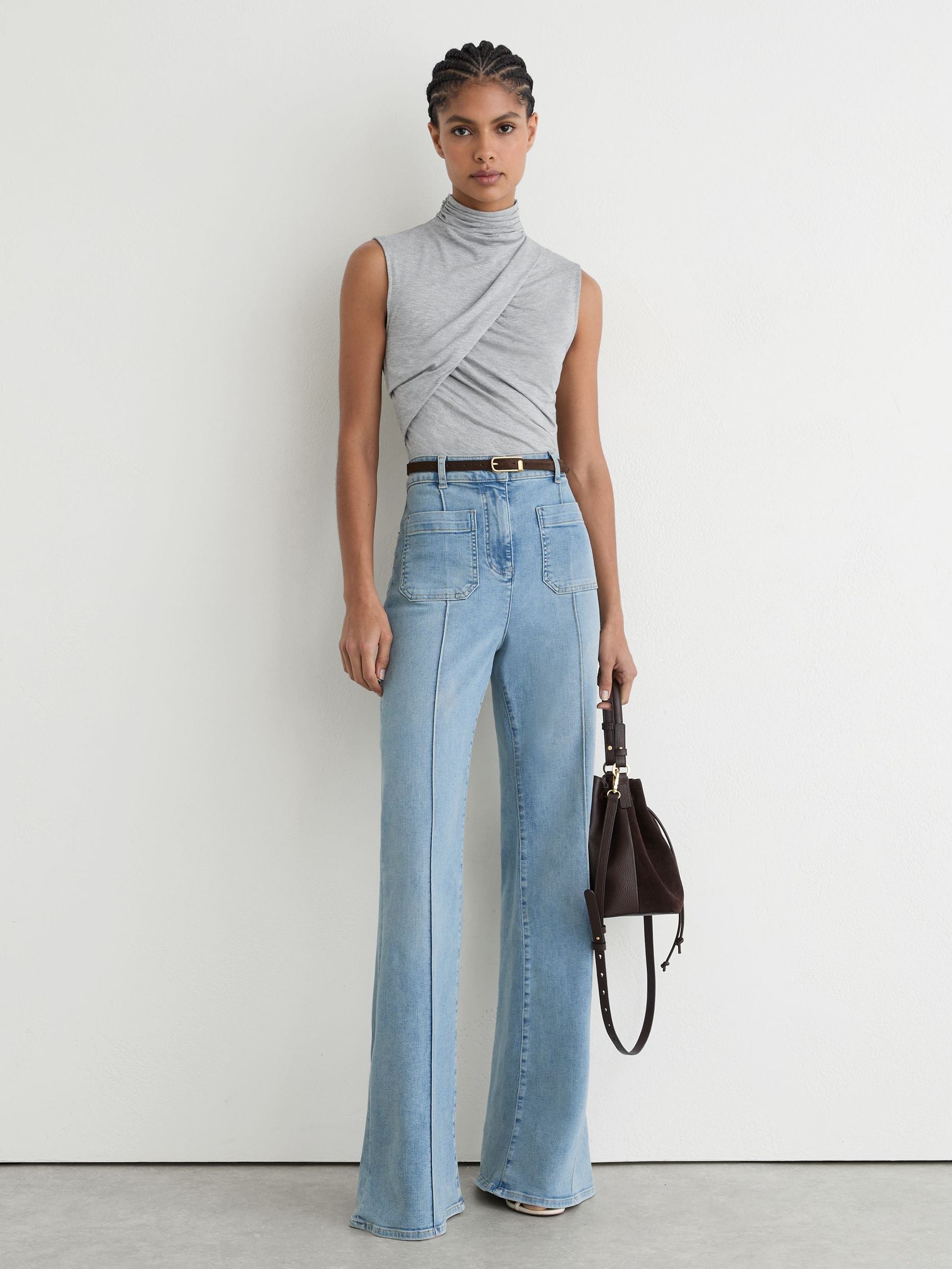 Ruched High-Neck Top in Grey Marl - Image 3 of 6