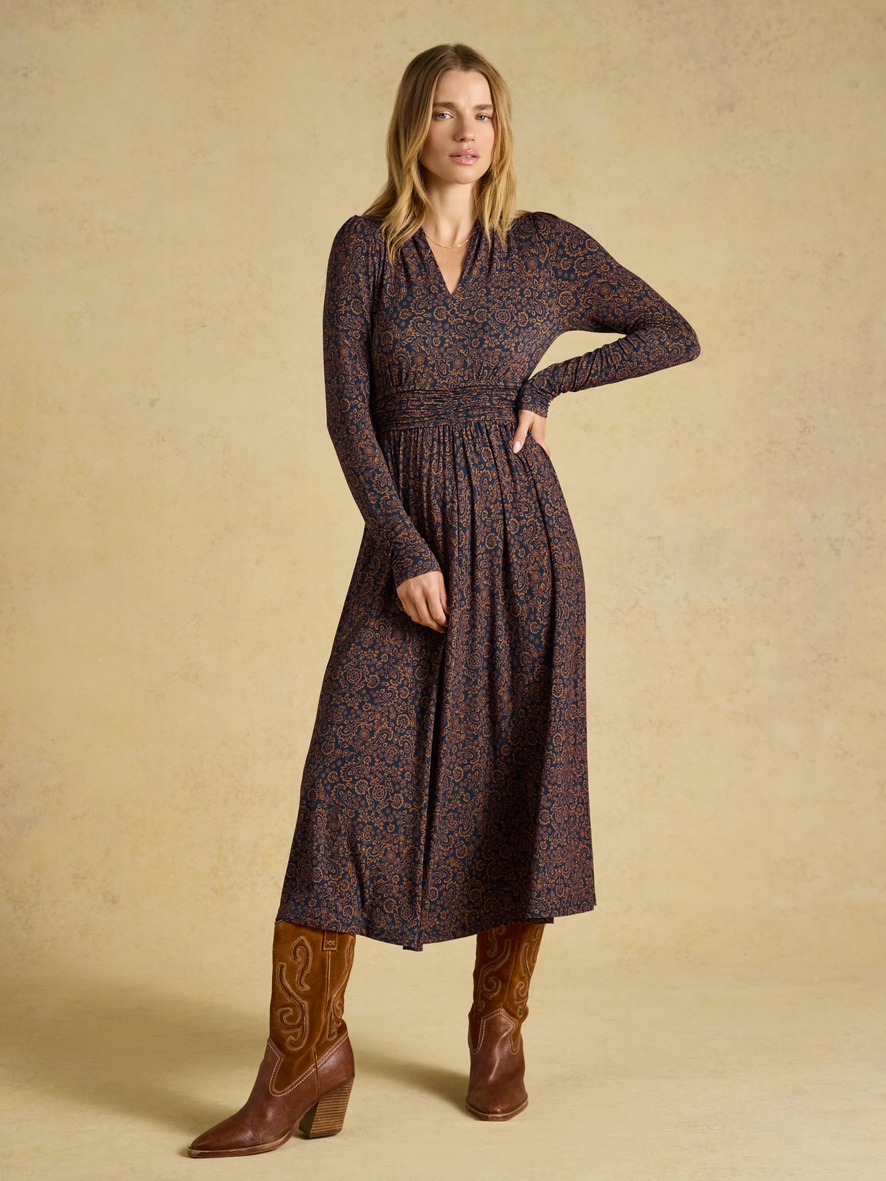 Mina Navy Floral Jersey V Neck Ruched Waist Midi Dress - Image 1 of 7