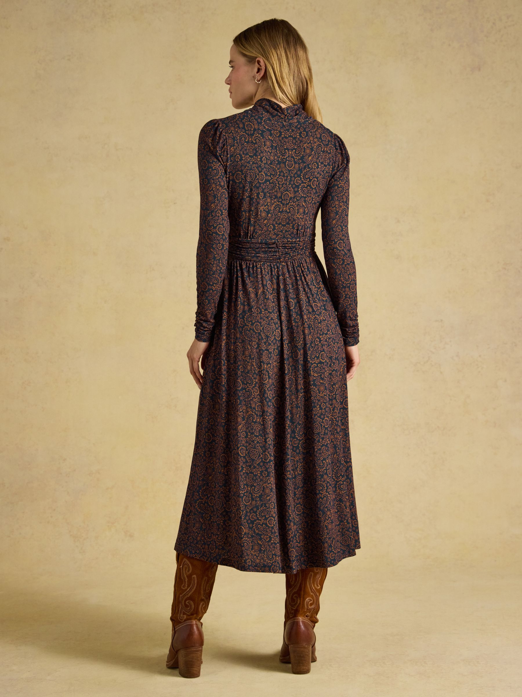 Mina Navy Floral Jersey V Neck Ruched Waist Midi Dress - Image 2 of 7
