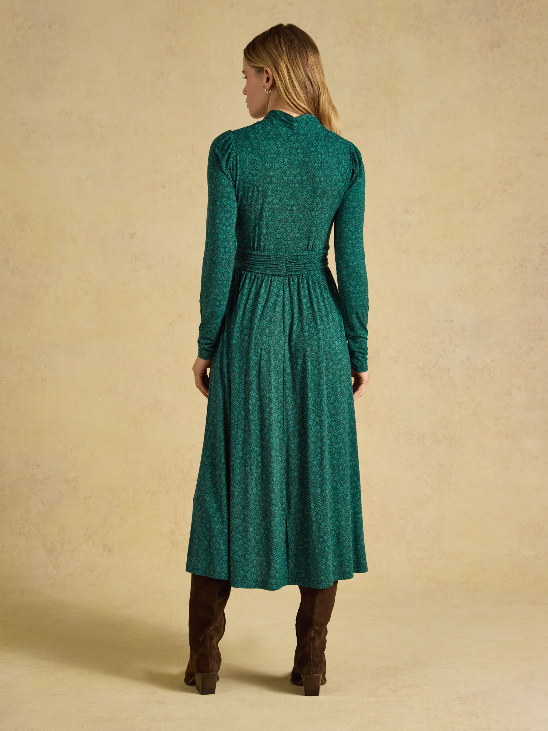 Mina Green Floral Jersey V Neck Ruched Waist Midi Dress - Image 2 of 7 Mina Green Floral Jersey V Neck Ruched Waist Midi Dress - Image 2 of 7