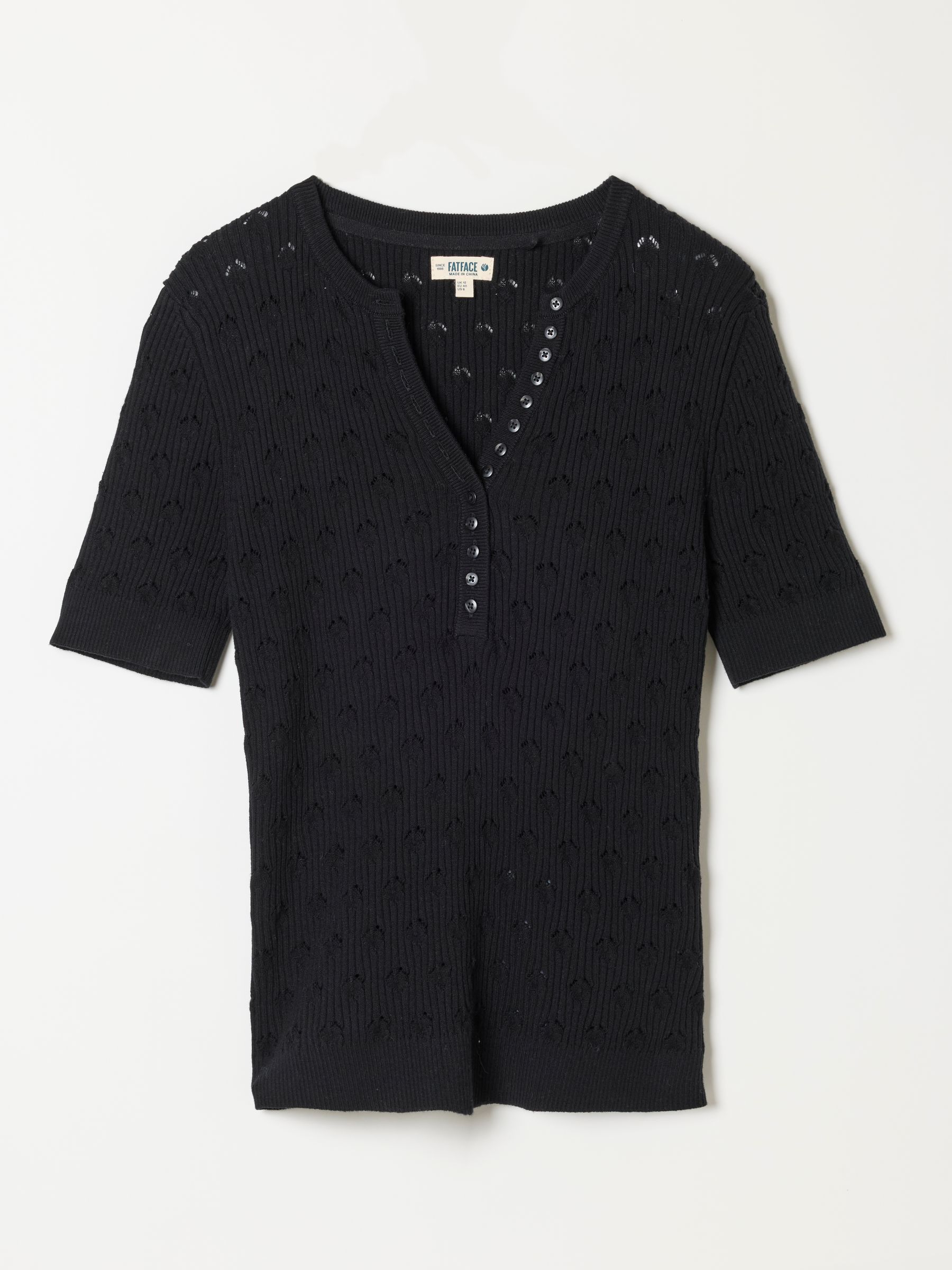 Lois Short Sleeve Knitted Henley Top in Black - Image 1 of 1 Lois Short Sleeve Knitted Henley Top in Black - Image 1 of 1