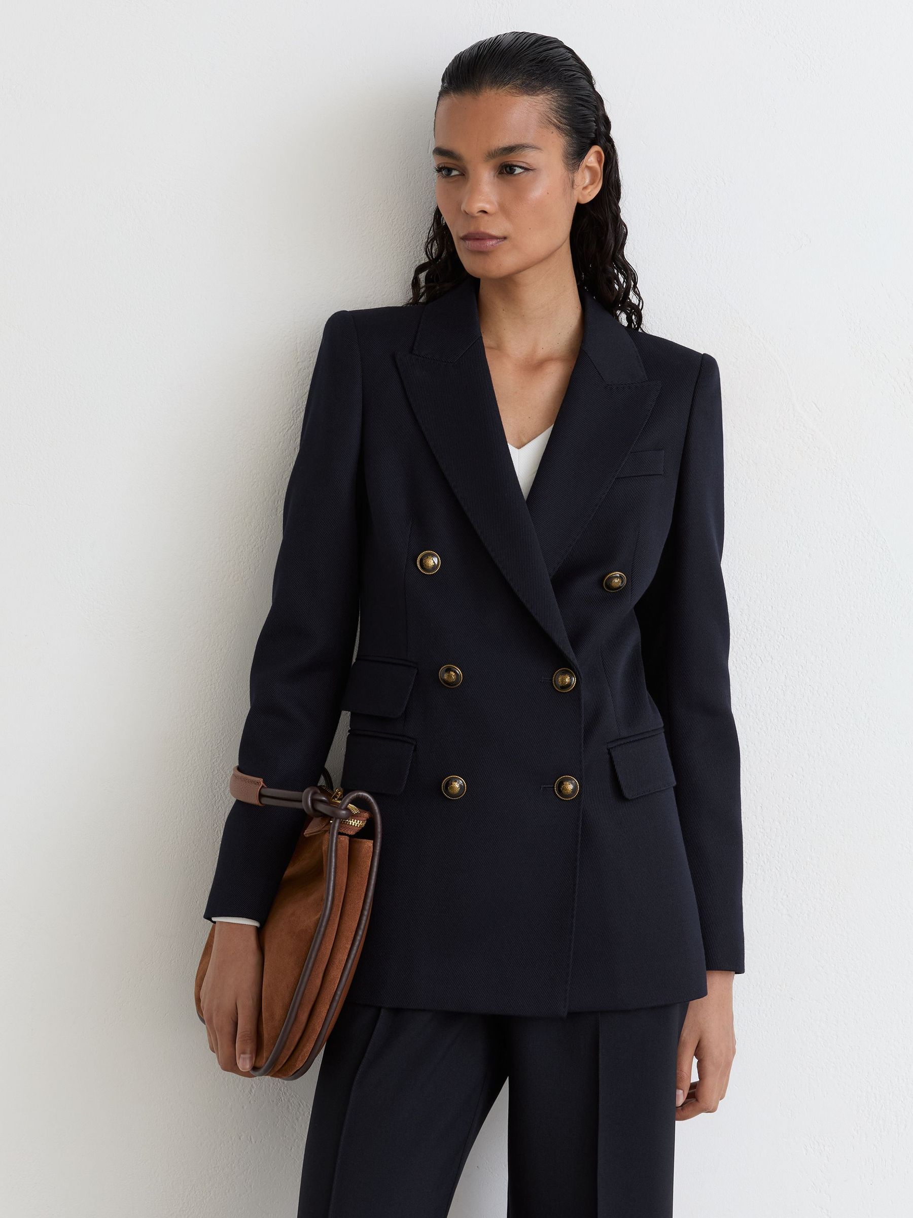 Wool-Blend Twill Double-Breasted Blazer in Navy - Image 1 of 8