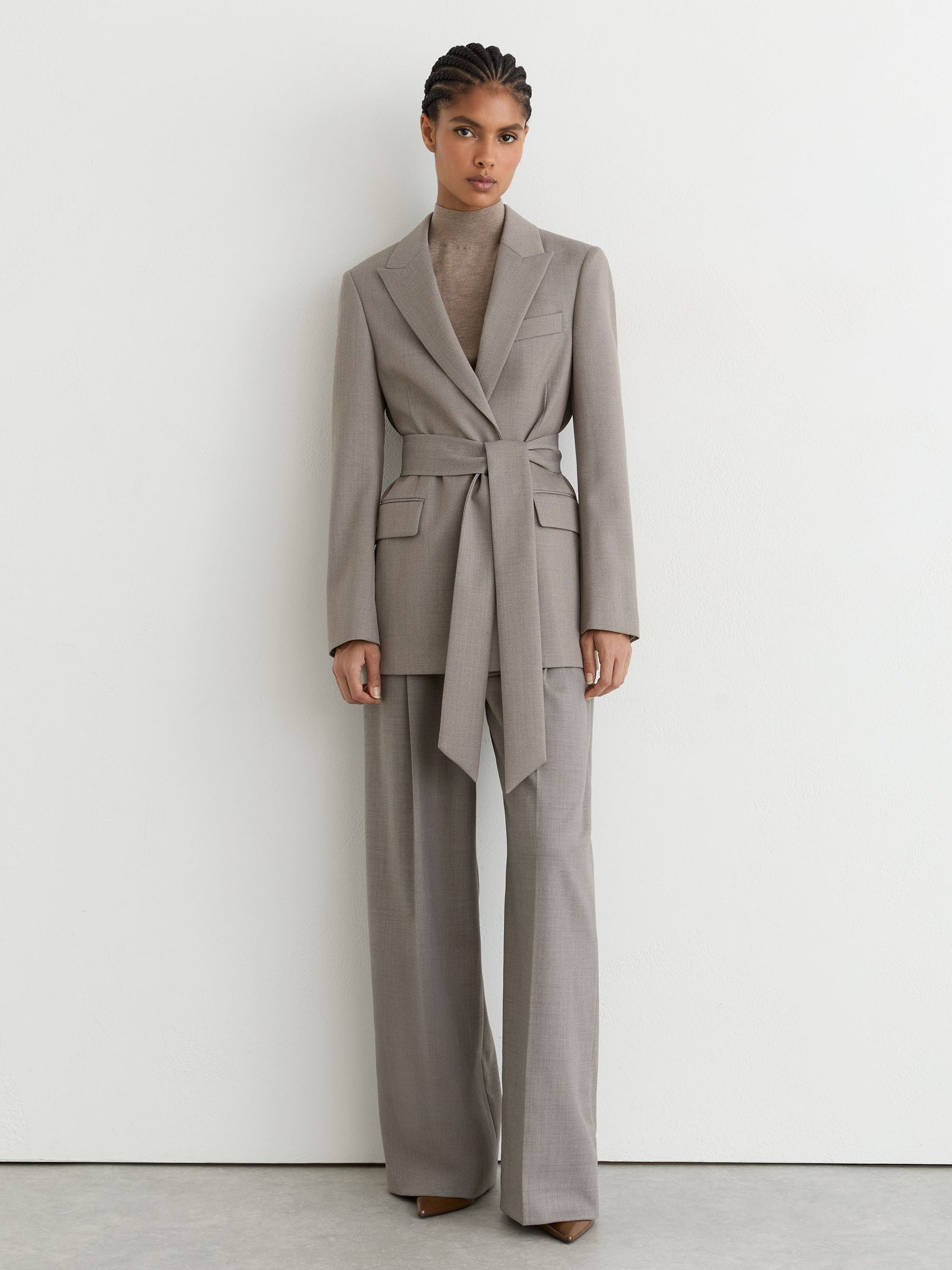 Wool-Blend Single-Breasted Belted Blazer in Grey - Image 3 of 8