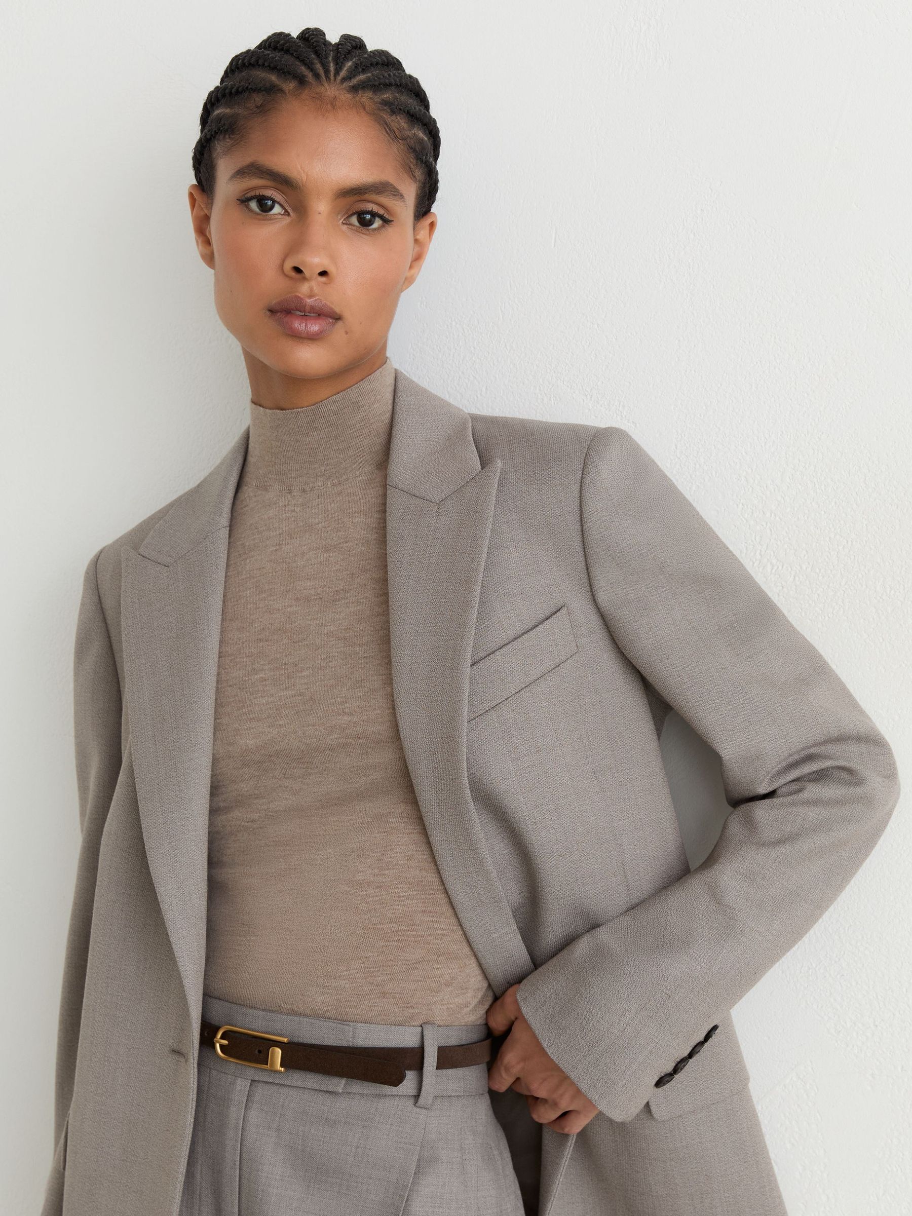 Wool-Blend Single-Breasted Belted Blazer in Grey - Image 4 of 8
