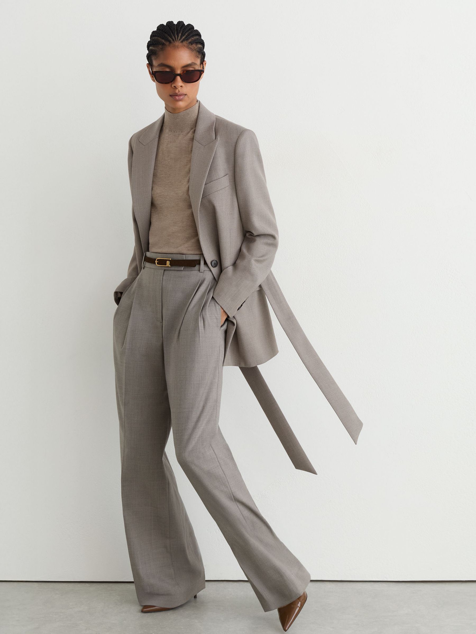 Wool-Blend Single-Breasted Belted Blazer in Grey - Image 5 of 8