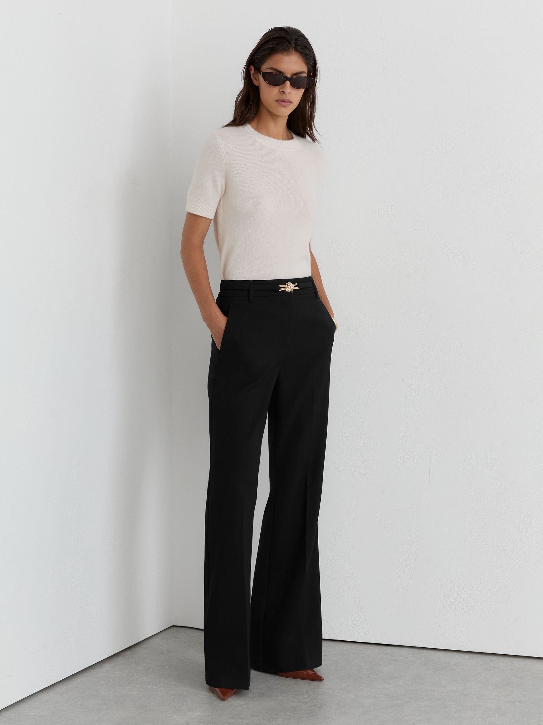 Petite Flared Knot-Hardware Belted Trousers in Black - Image 1 of 8