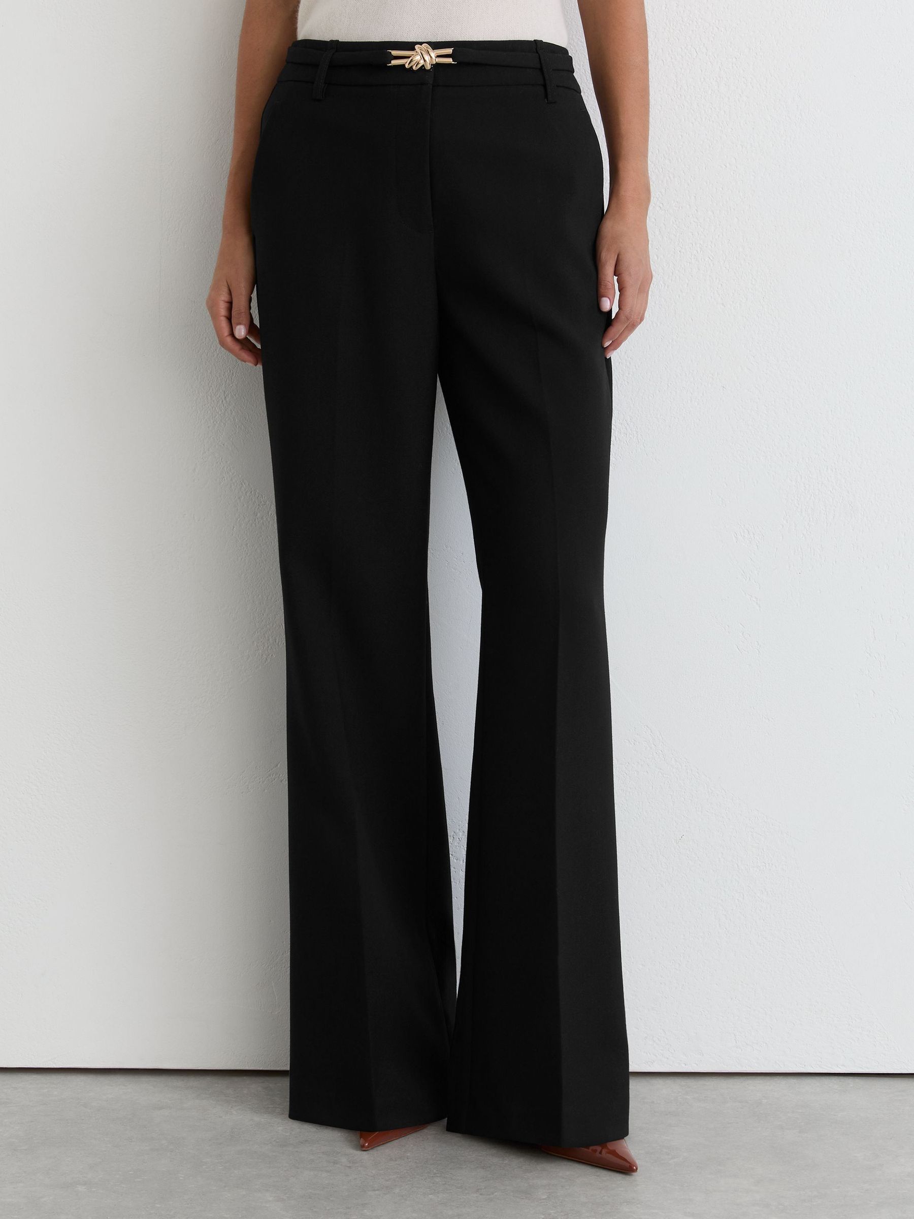Petite Flared Knot-Hardware Belted Trousers in Black - Image 3 of 8