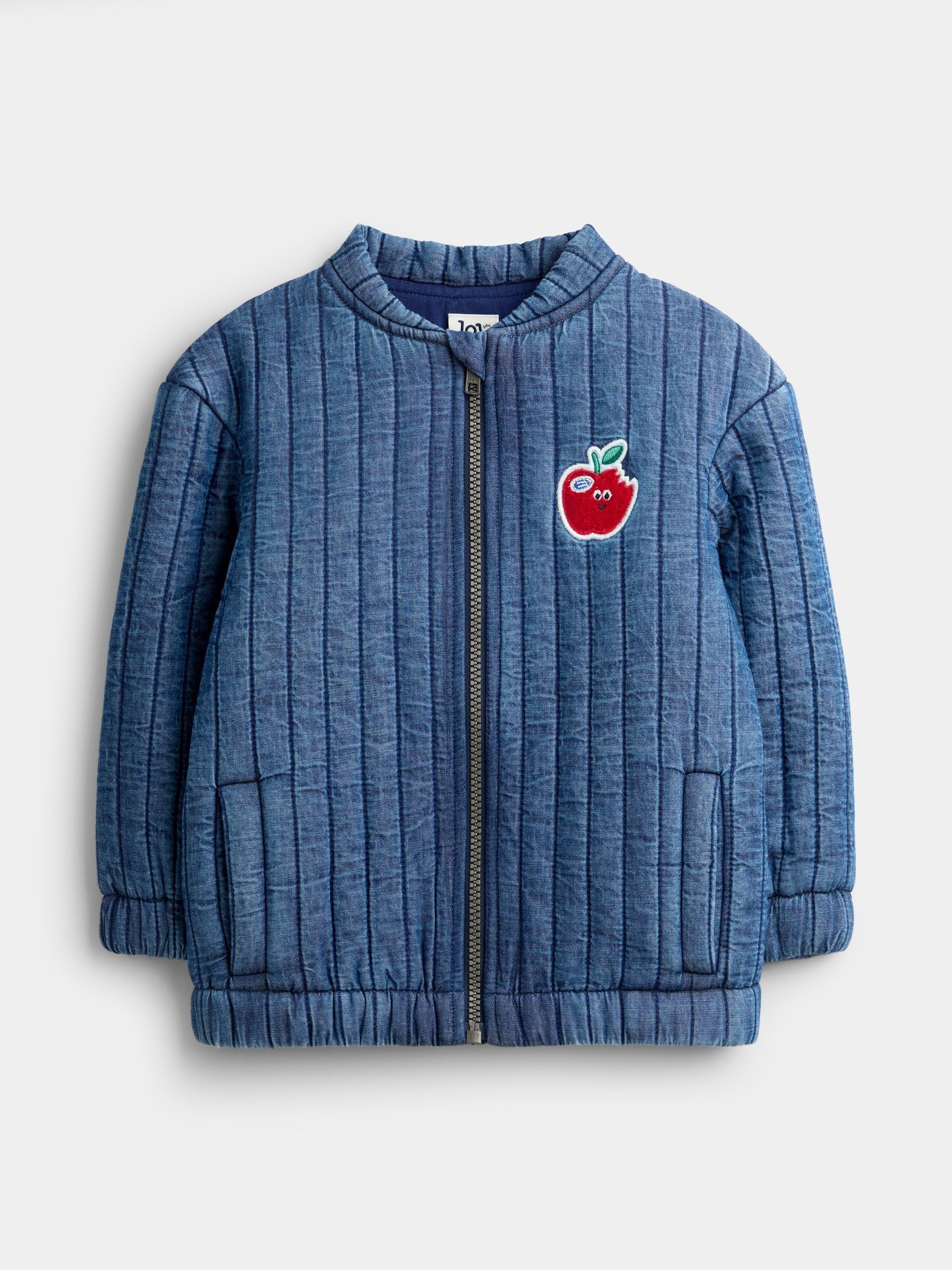 Denim Blue Apple Appliqué Bomber Jacket - Image 1 of 4 Denim Blue Apple Appliqué Bomber Jacket - Image 1 of 4